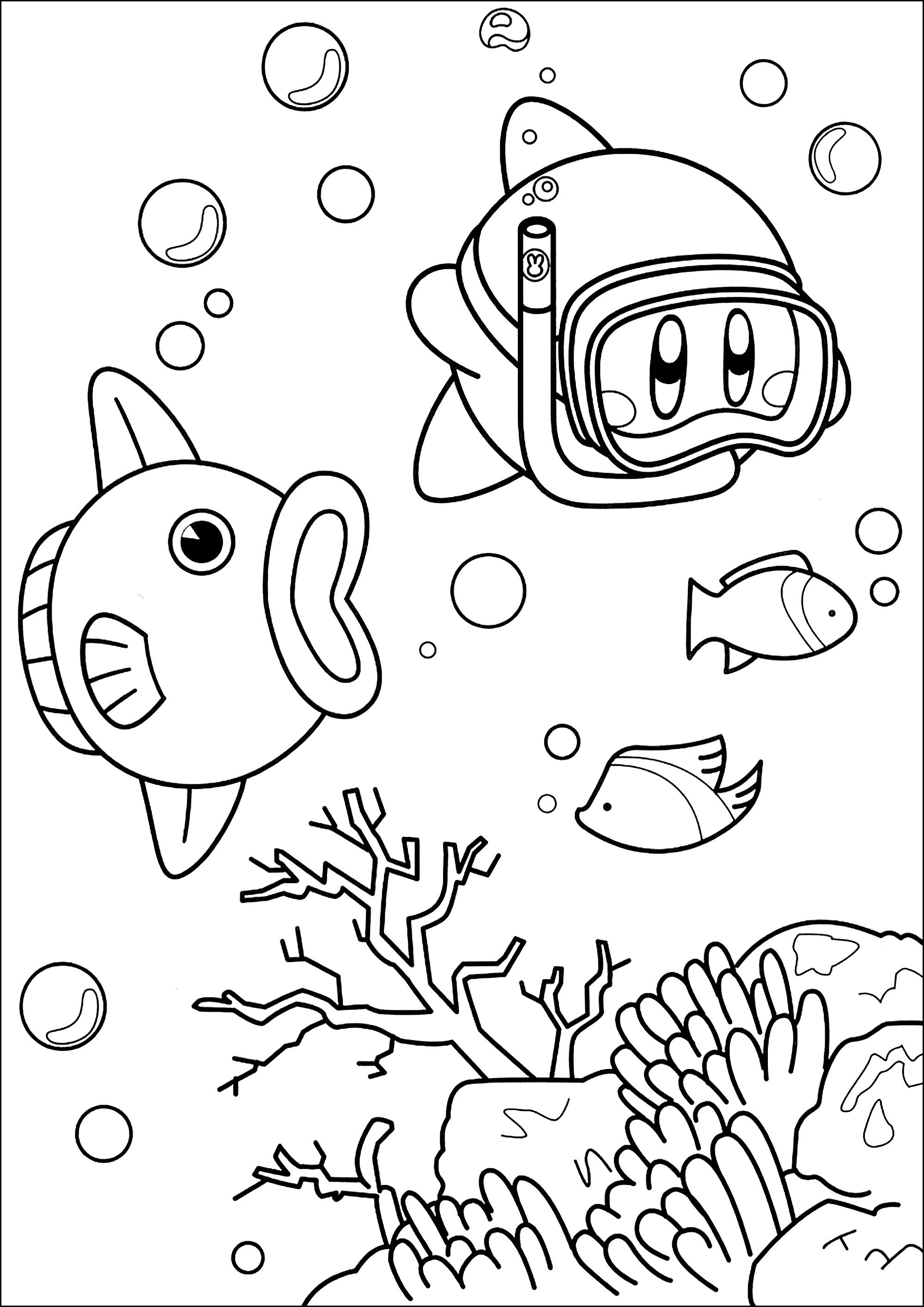 カービーが魚と一緒に海で泳いでいます (子ども用印刷ぬりえ:カービィ)