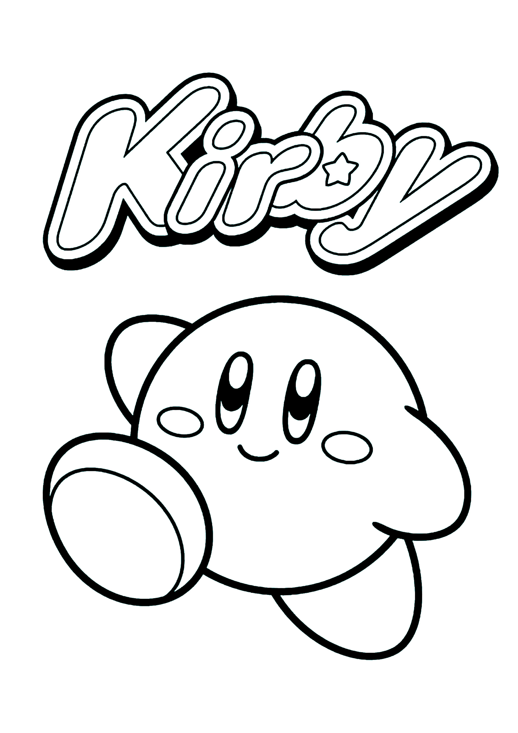 有名で愛らしいピンクのボール、そしてKIRBYのロゴ (子ども用印刷ぬりえ:カービィ)