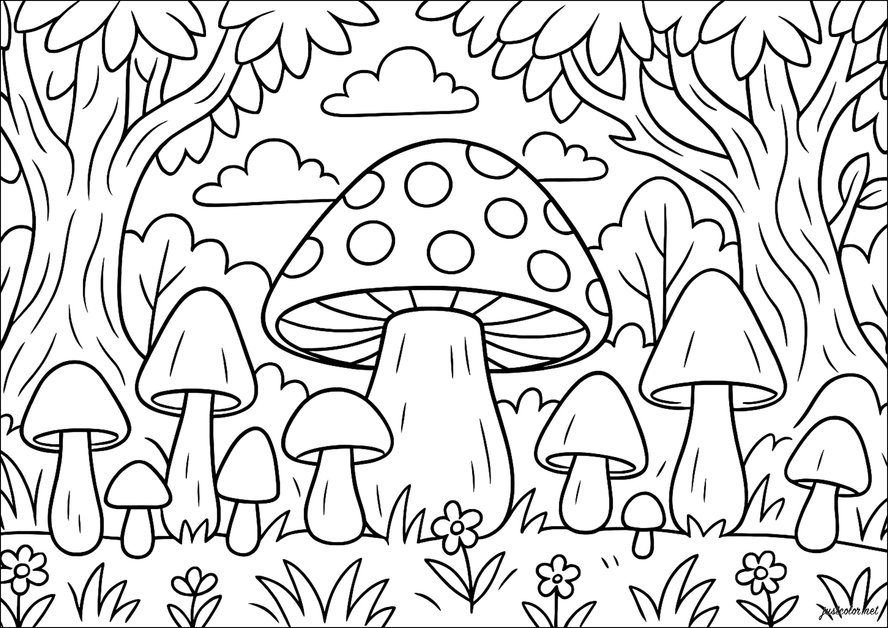 魔法のキノコの森 (子ども用印刷ぬりえ：キノコ)