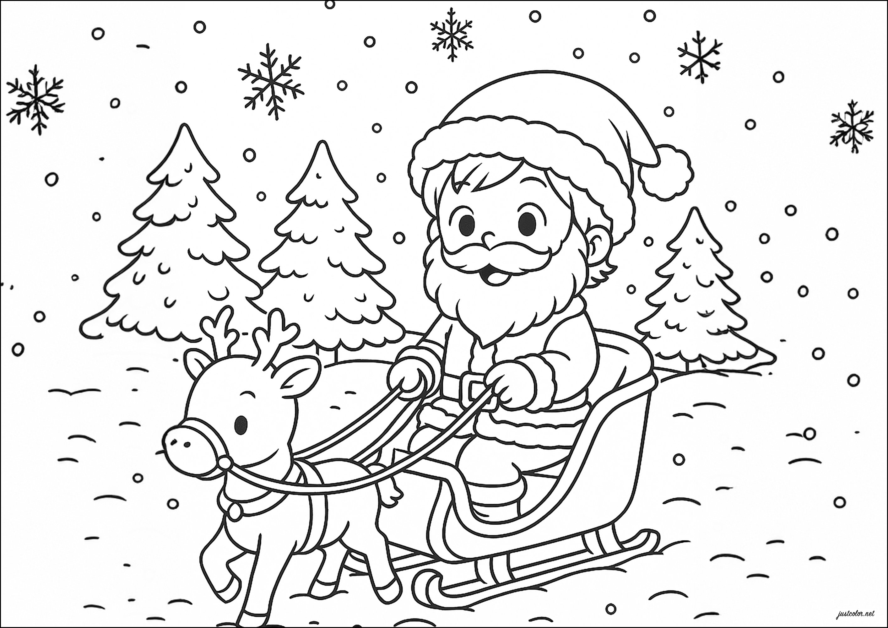 サンタクロースのそり、かわいいトナカイに引かれて (子ども用印刷ぬりえ:クリスマス)