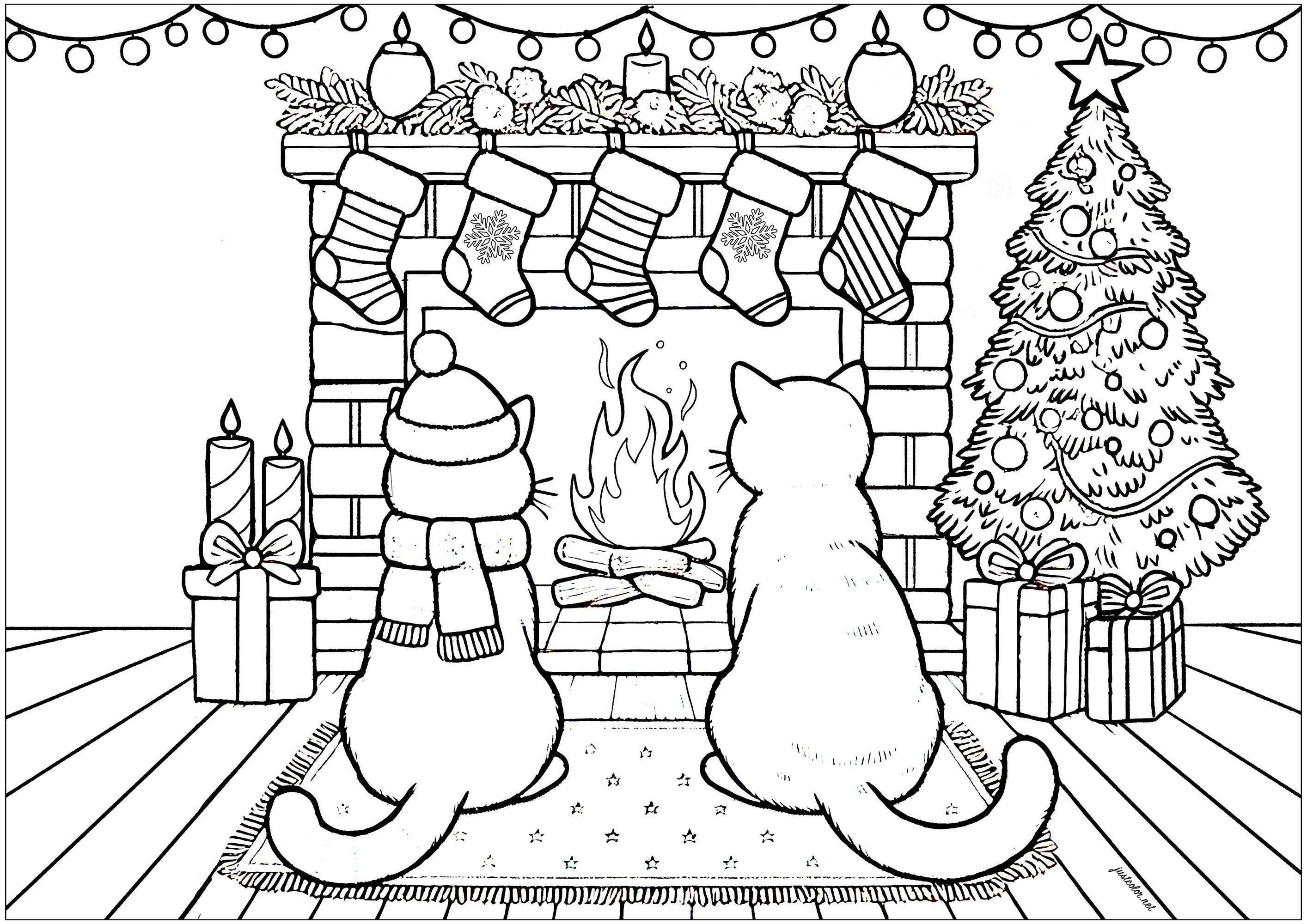 暖炉の前の2匹の猫 (子ども用印刷ぬりえ:クリスマス)