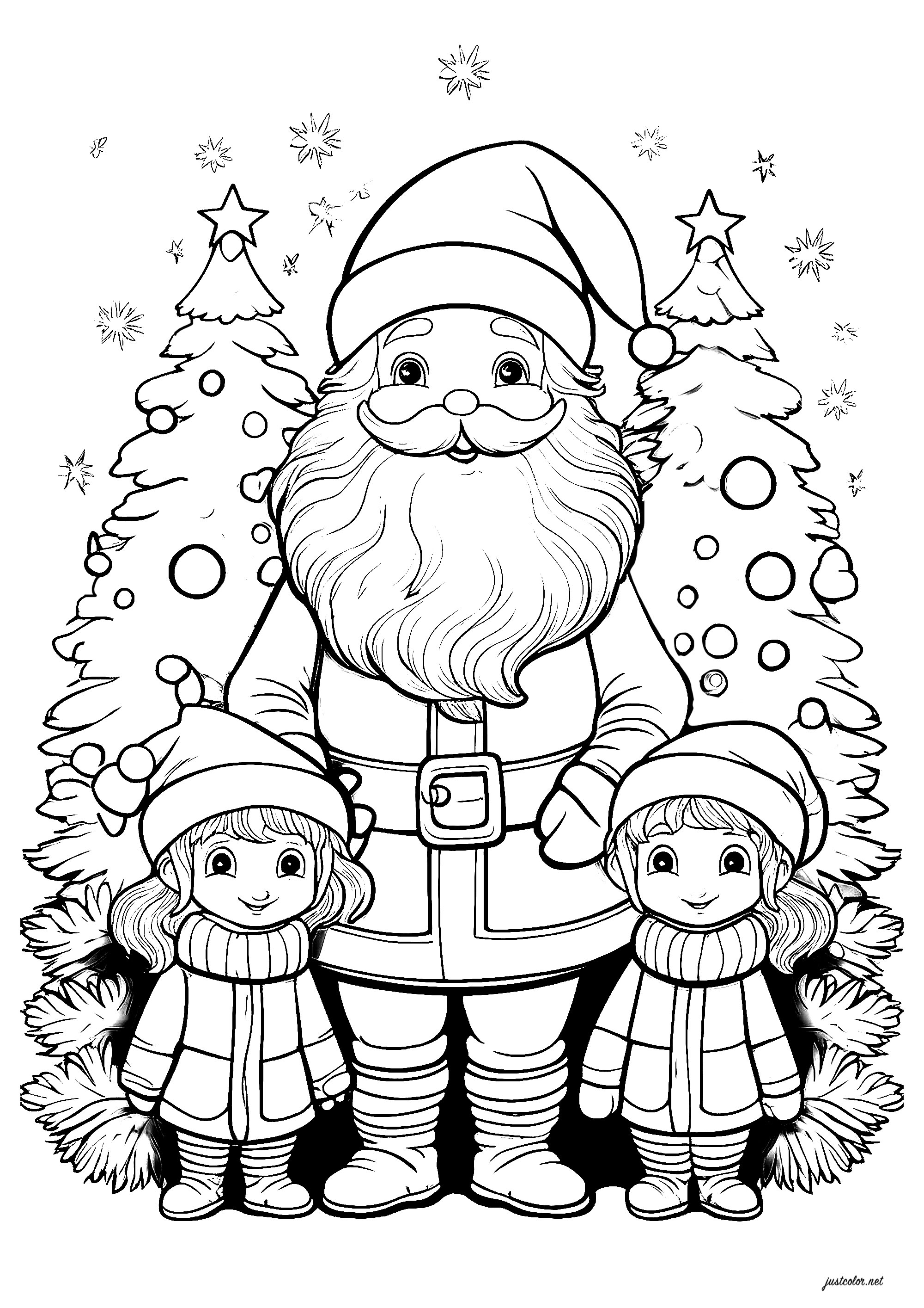 サンタクロースと二人の子供とクリスマスツリー (子ども用印刷ぬりえ:クリスマス)