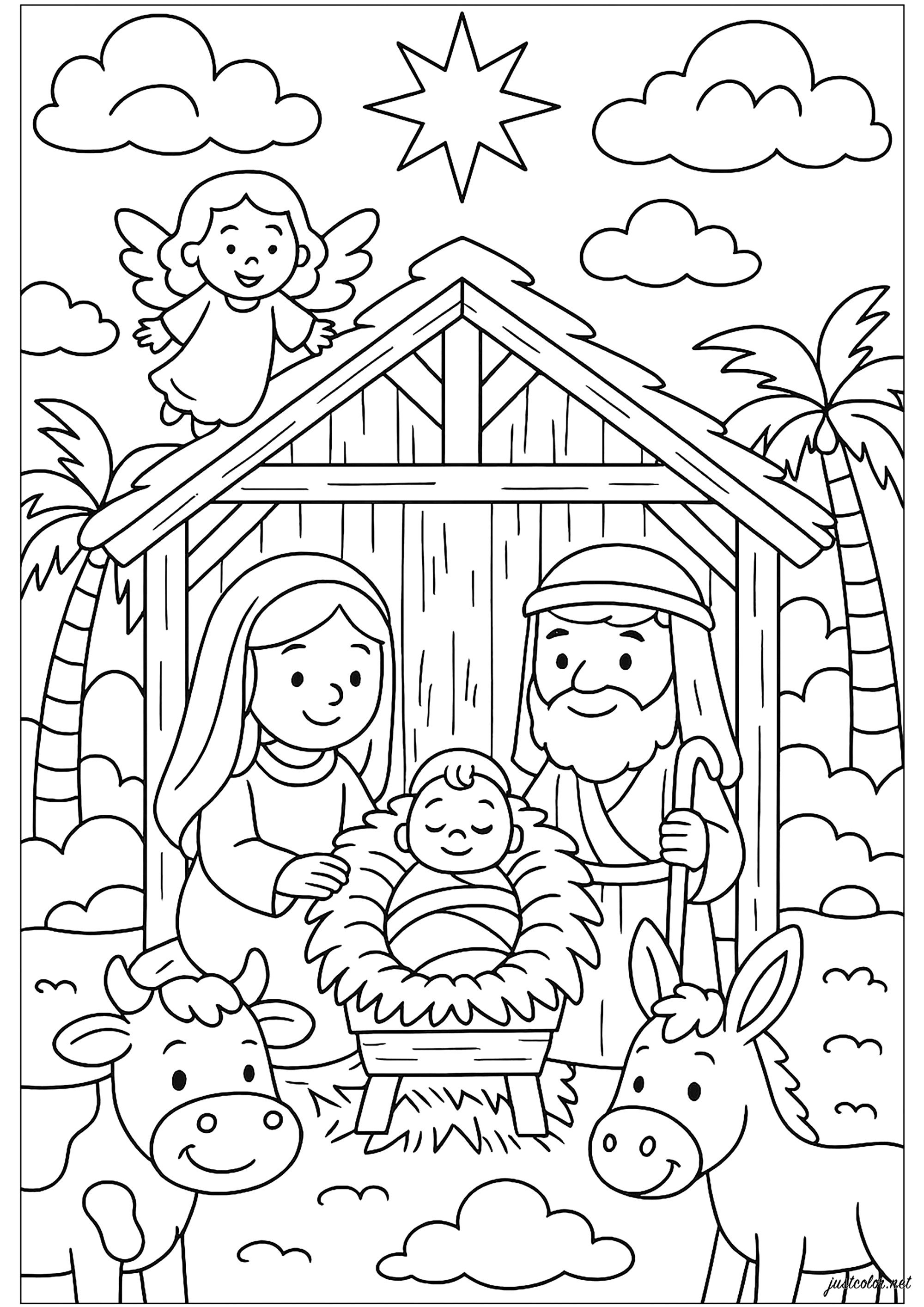 優しいクリスマスの飼い葉桶 (子ども用印刷ぬりえ：クリスマスの降誕)
