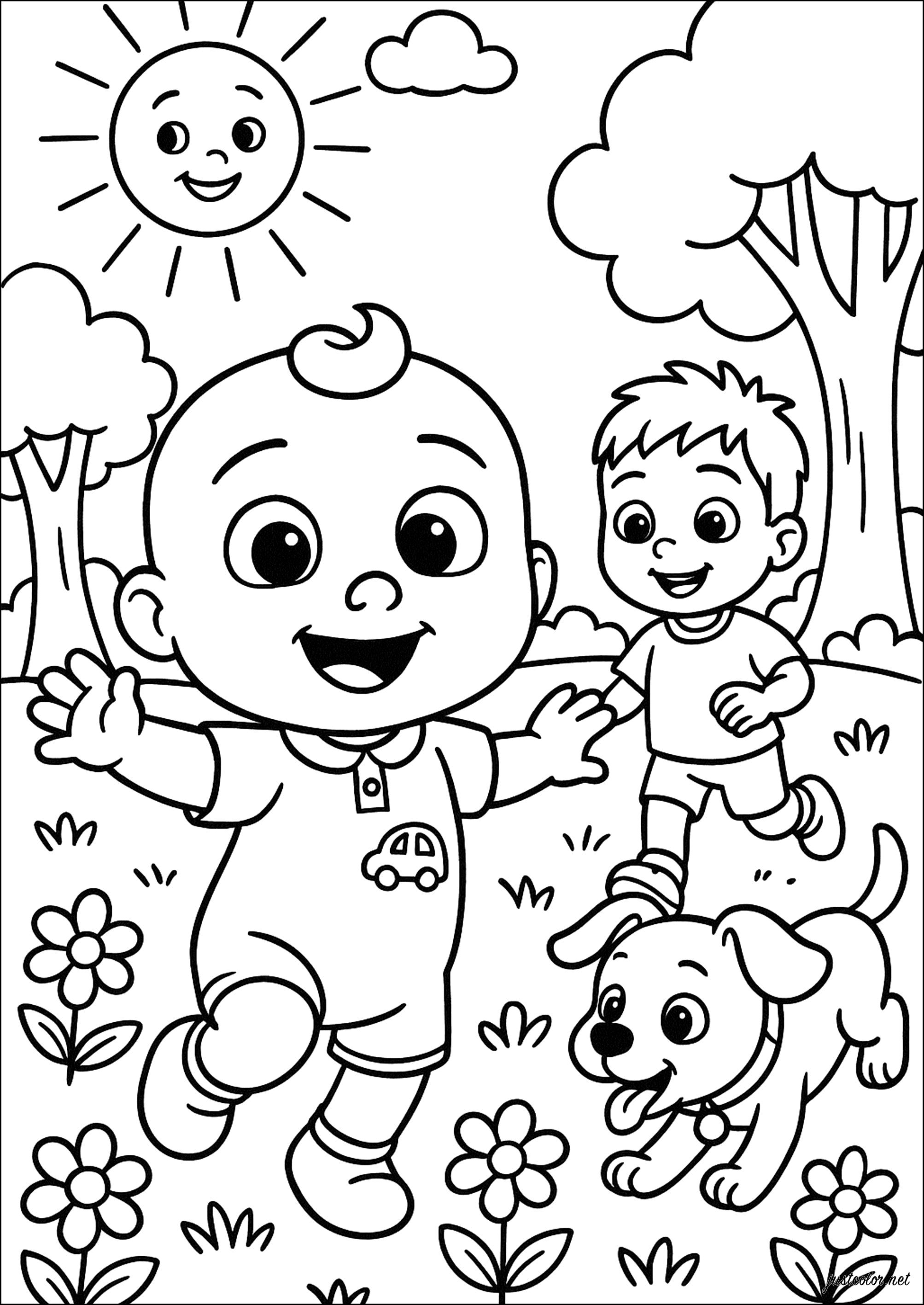 ここメロン avec un ami et son chien (子ども用印刷ぬりえ:ココメロン)