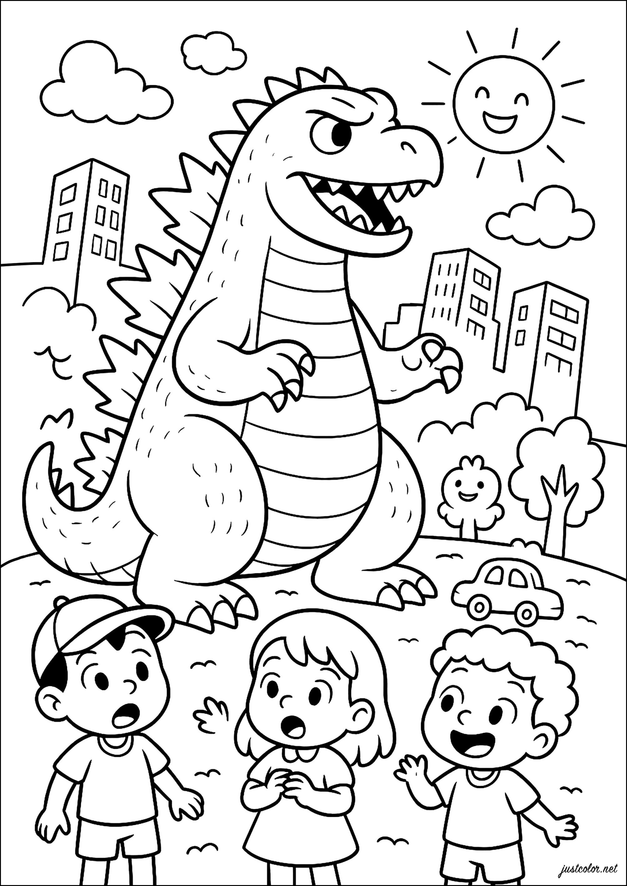 ゴジラと怖がる子供たち (子ども用印刷ぬりえ：ゴジラ)