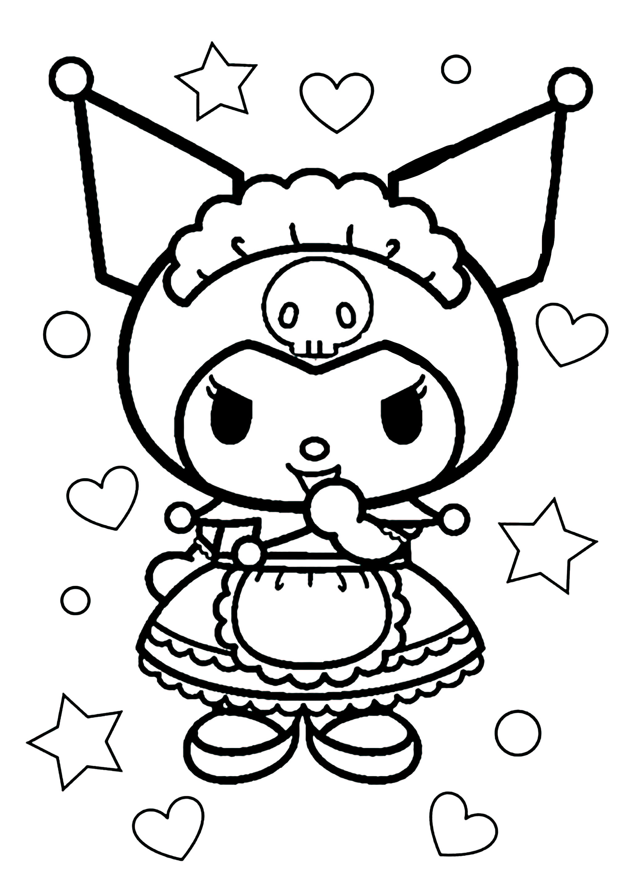 ハートと星に囲まれたクロミ (子ども用印刷ぬりえ:サンリオ)