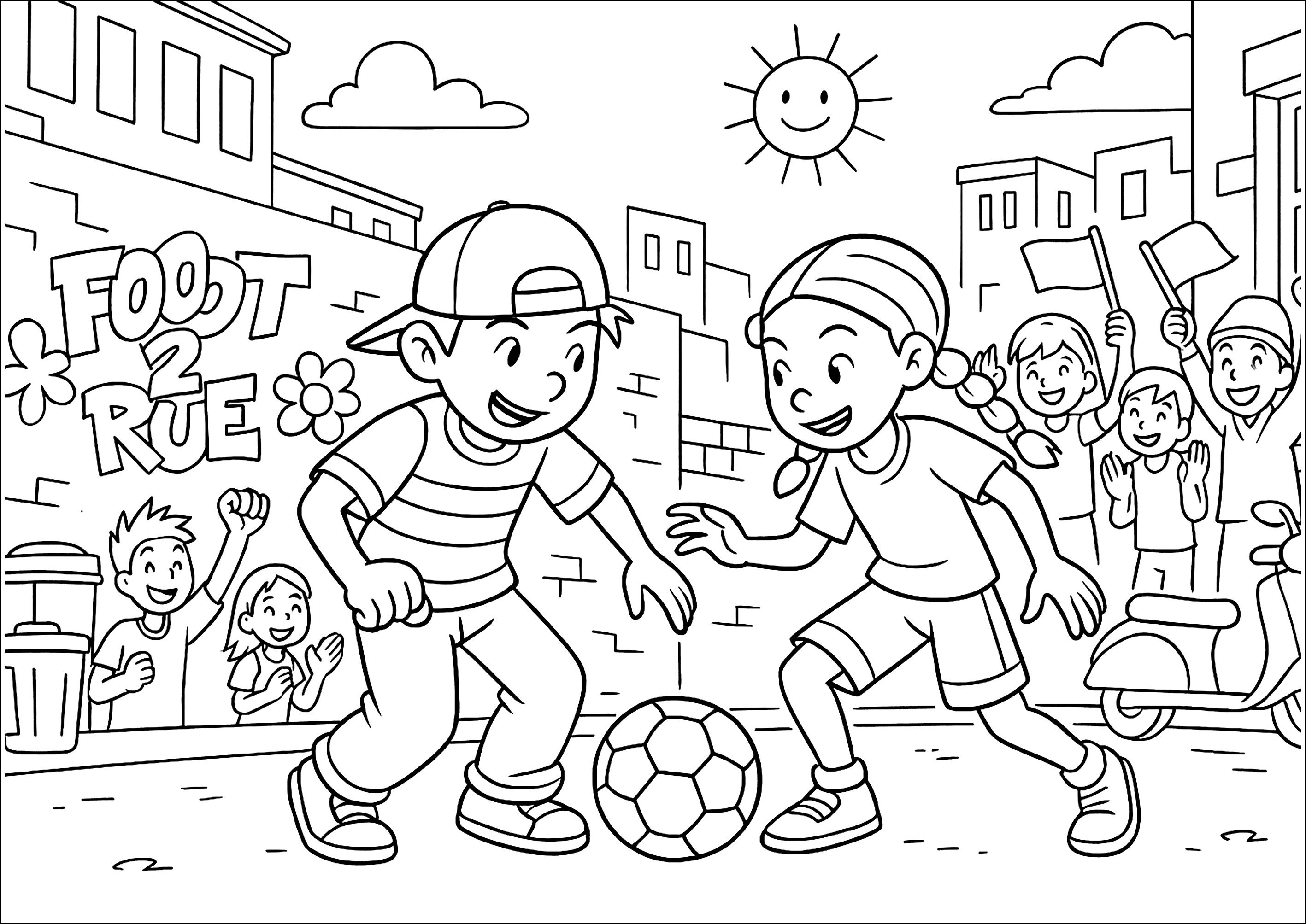 フットボールの真っ最中の友人たち (子ども用印刷ぬりえ：ストリートフットボール)