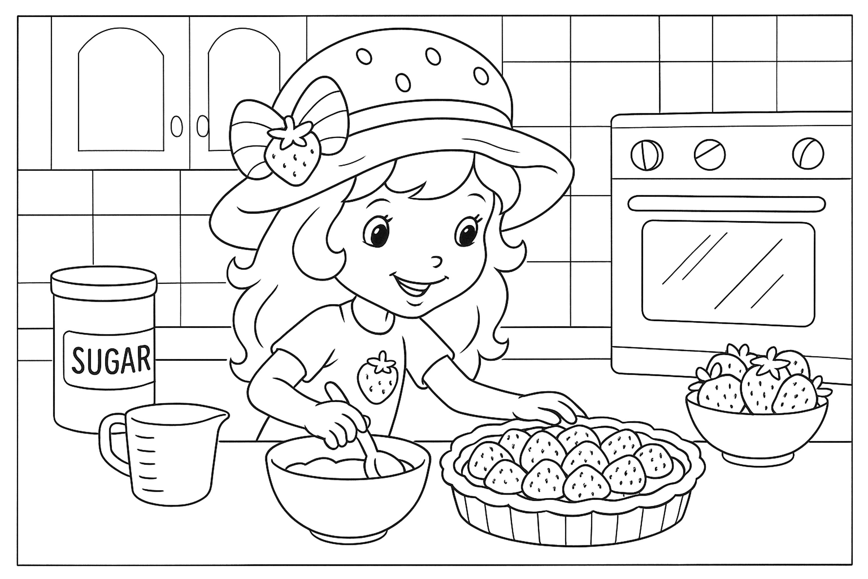 小さな苺のパティシエール (子ども用印刷ぬりえ:ストロベリー・ショートケーキ)