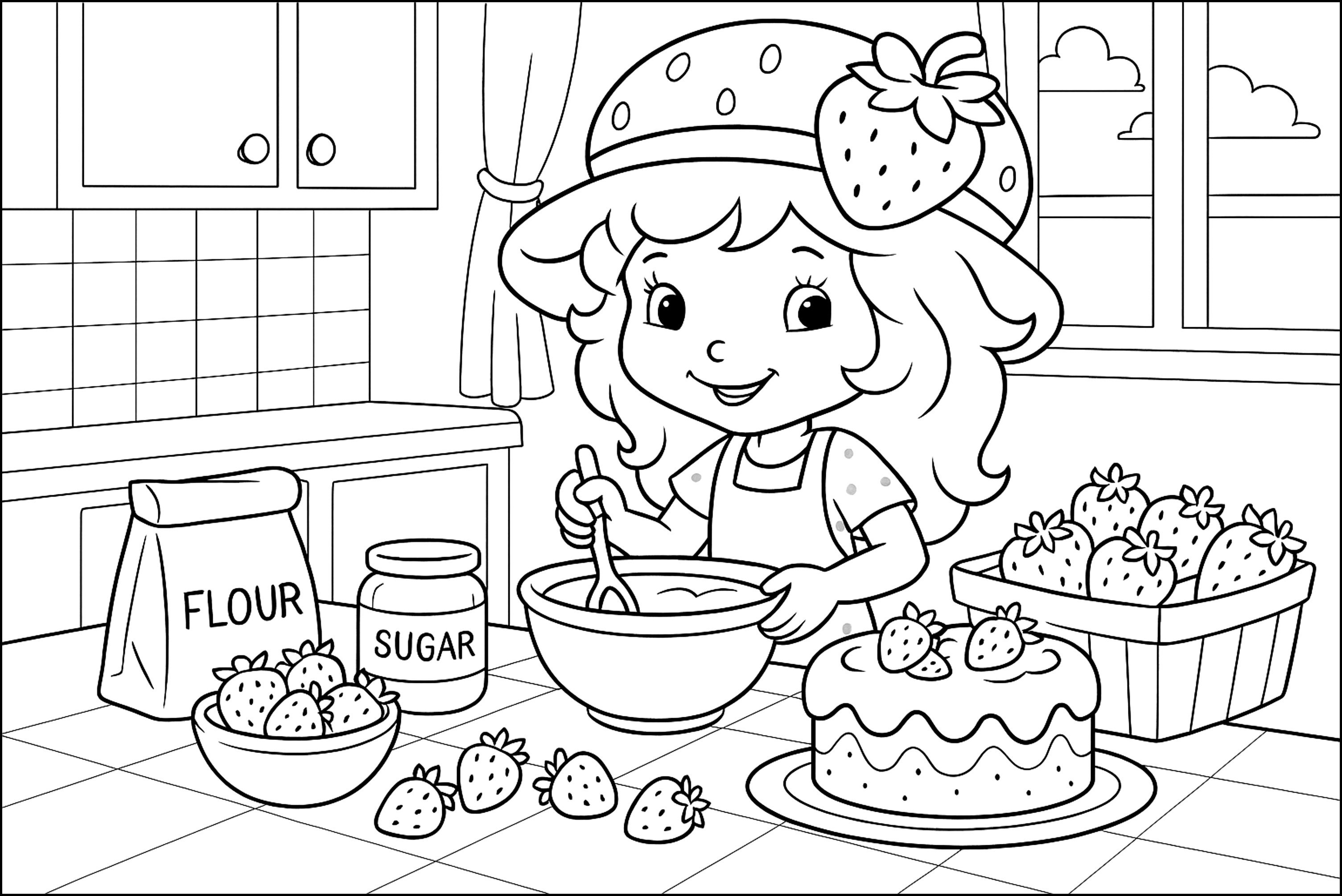 小さなパティシエールがキッチンで (子ども用印刷ぬりえ:ストロベリー・ショートケーキ)