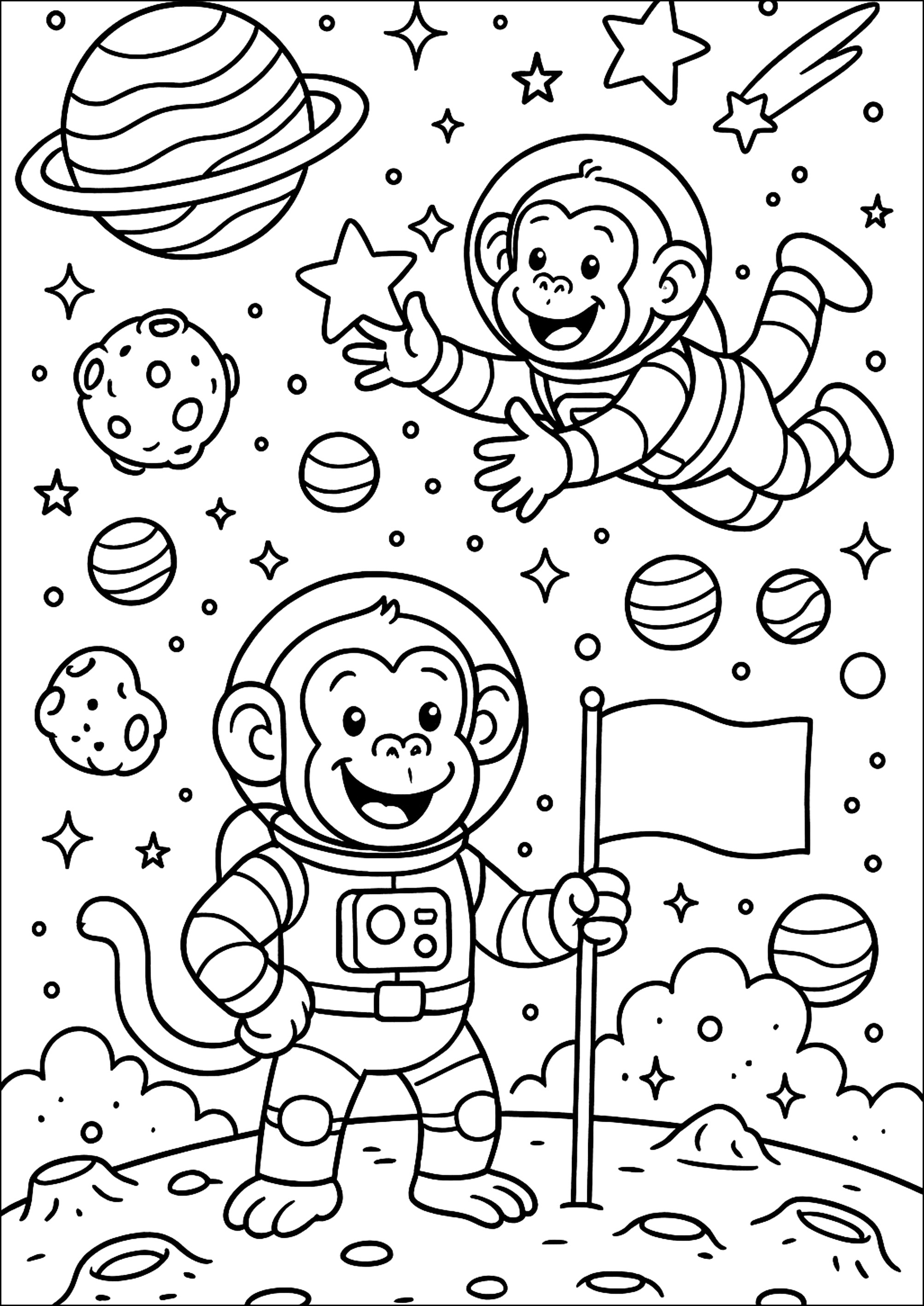 月の上の猿 (子ども用印刷ぬりえ：スペースチンプス)