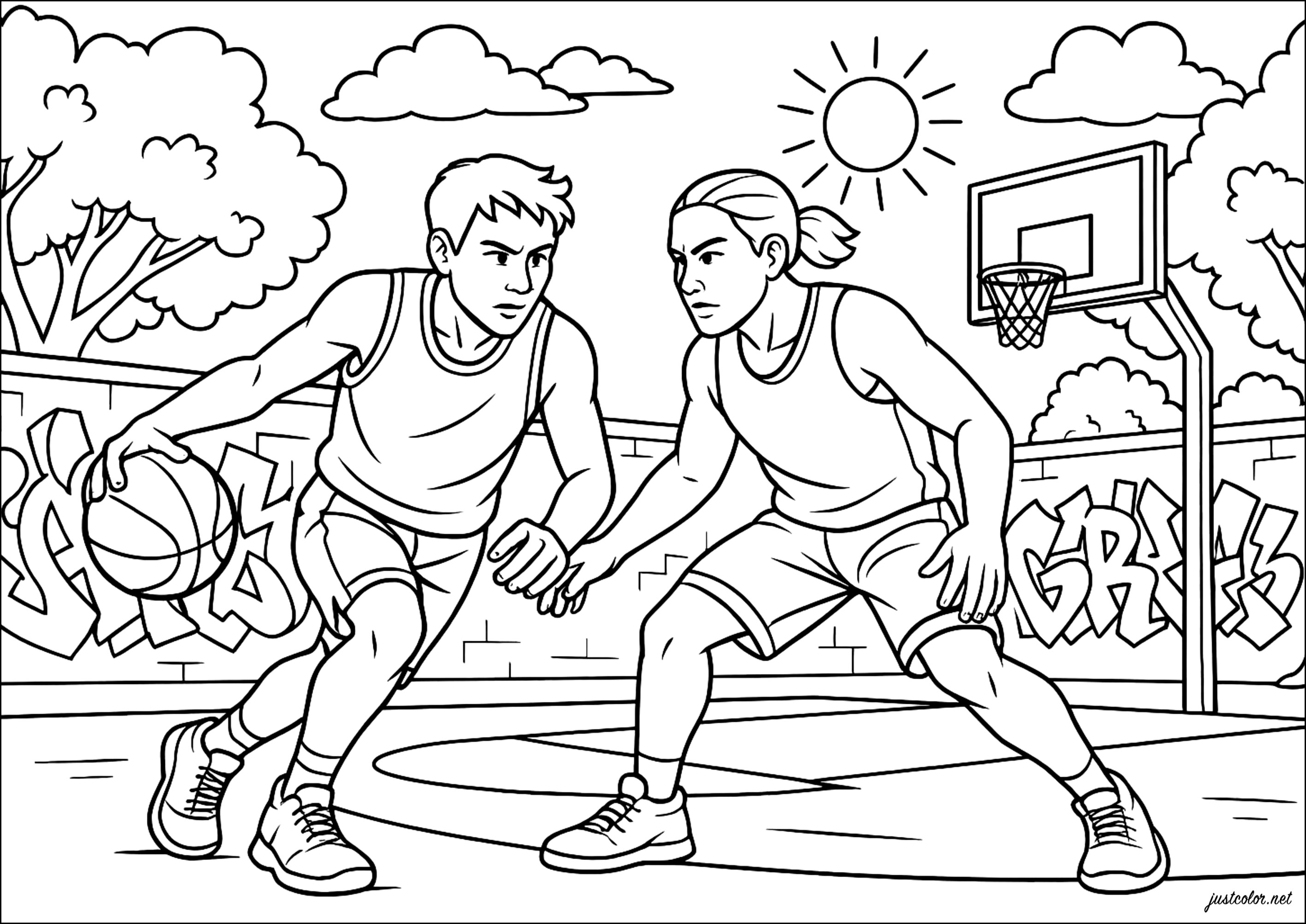 激しい試合 (子ども用印刷ぬりえ：スポーツ)