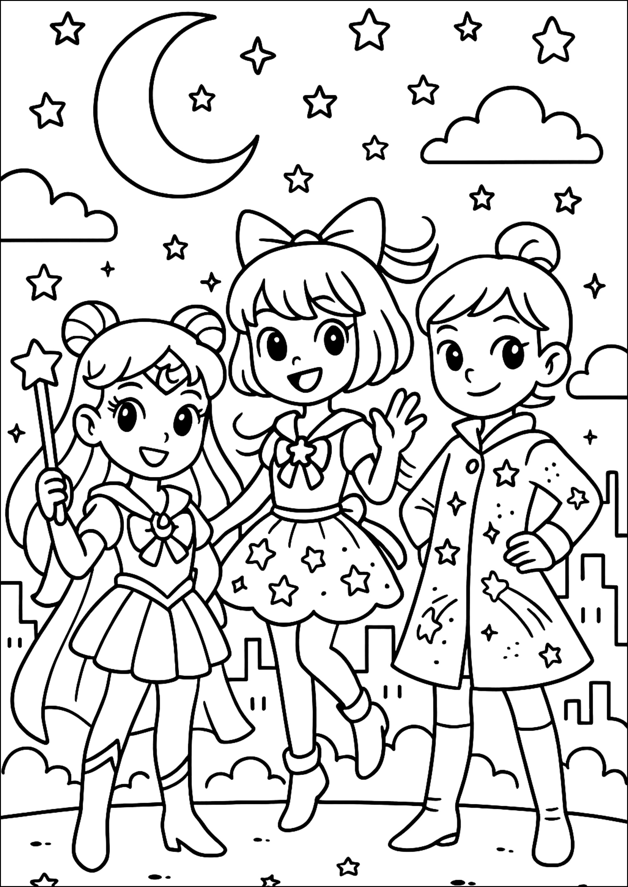 月下の魔法の友情 - 子ども向けぬりえページ：セーラームーン