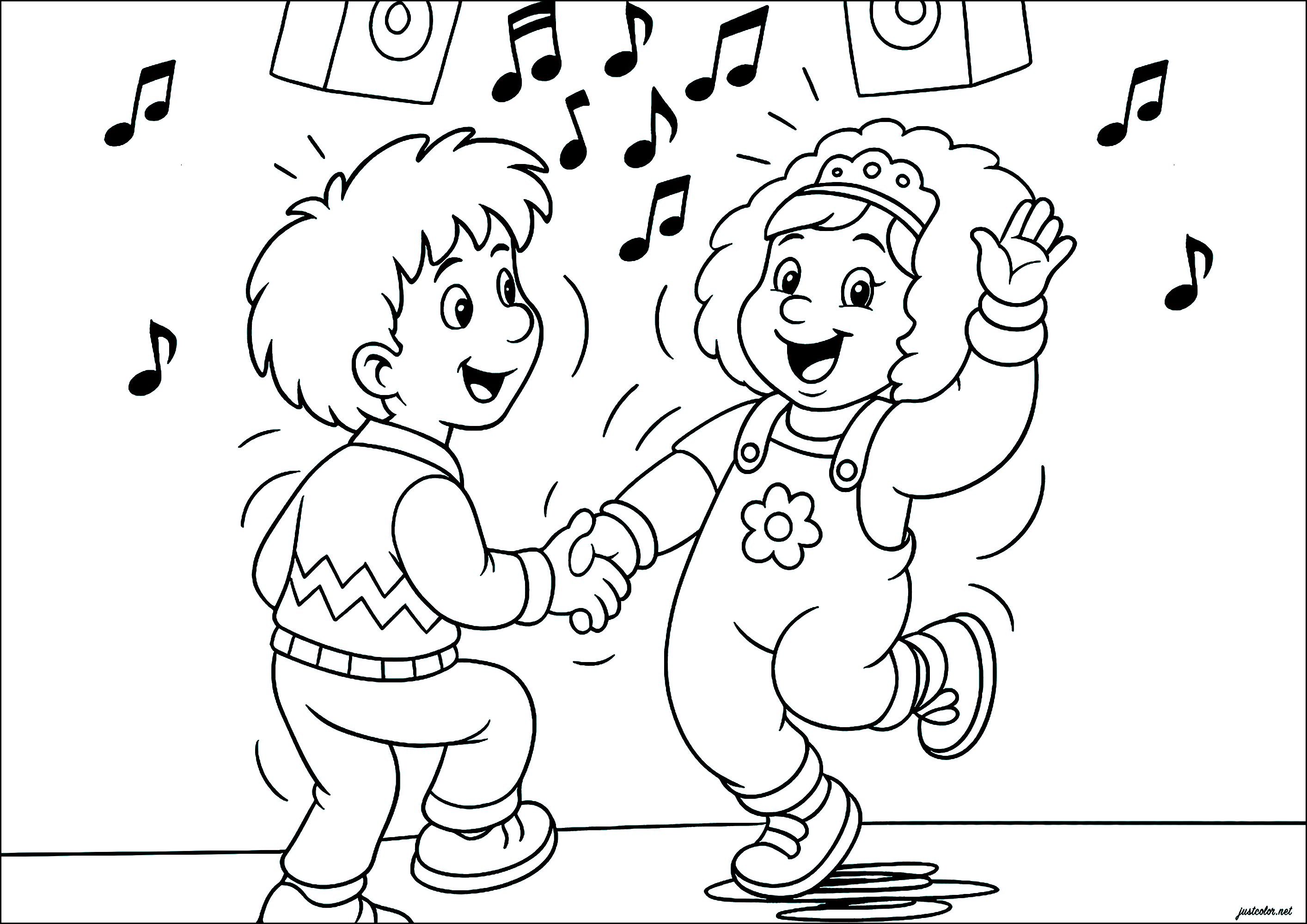 踊っている子供たち (子ども用印刷ぬりえ:ダンス)