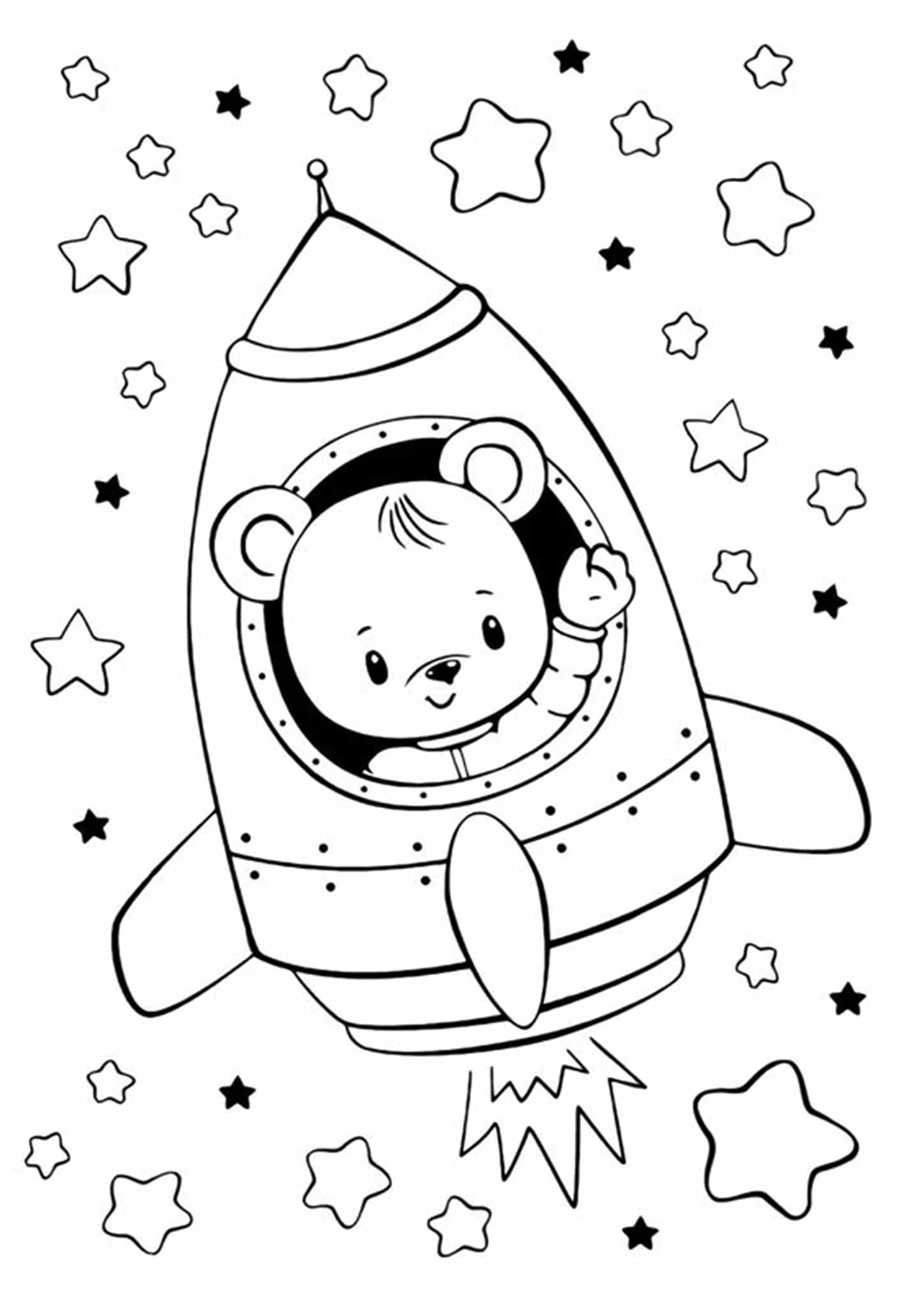 小さなクマのロケット乗り、宇宙探検の準備完了 (子ども用印刷ぬりえ:テディベア)