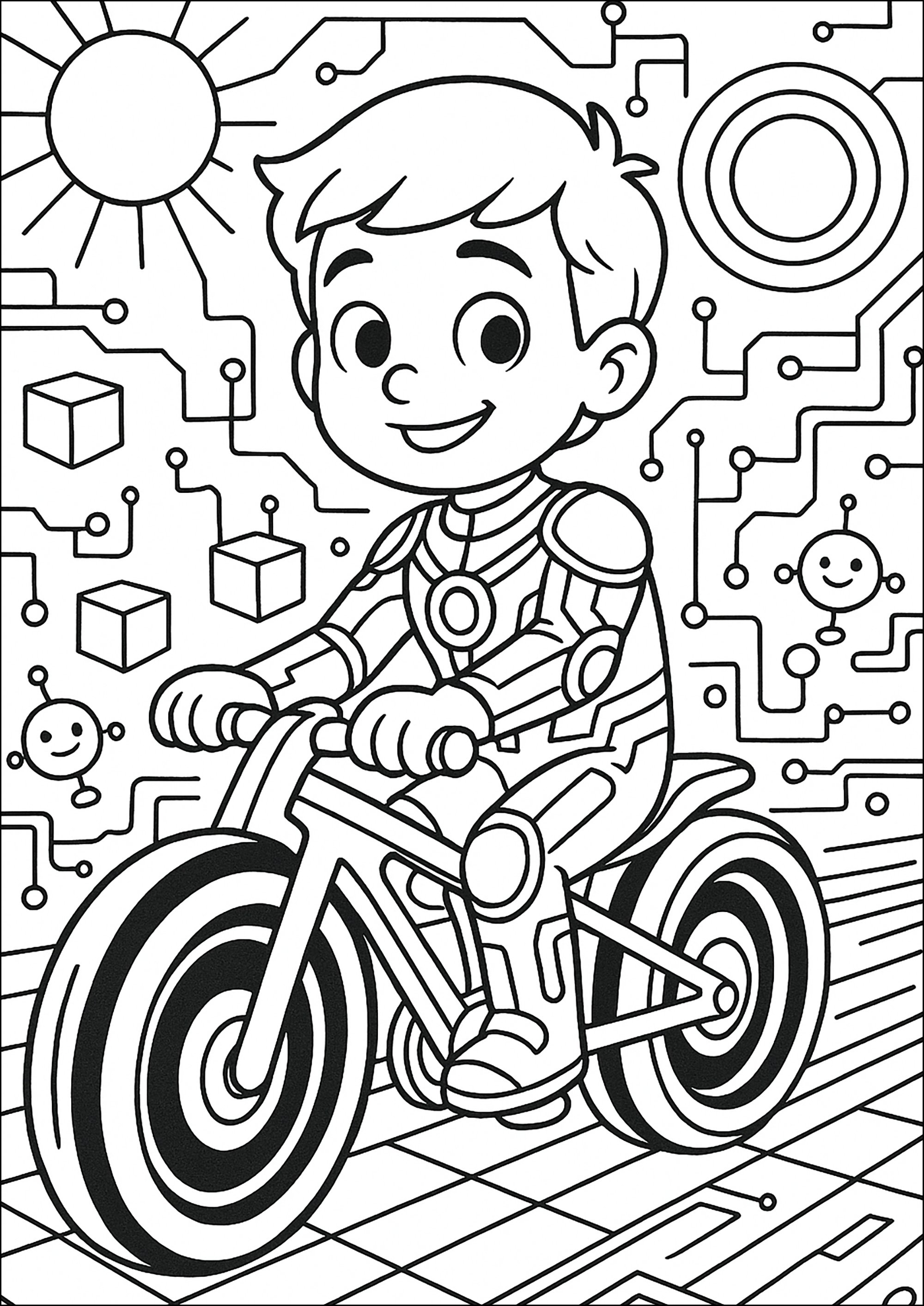 若者が未来主義的な自転車に乗っている (子ども用印刷ぬりえ：トロン)