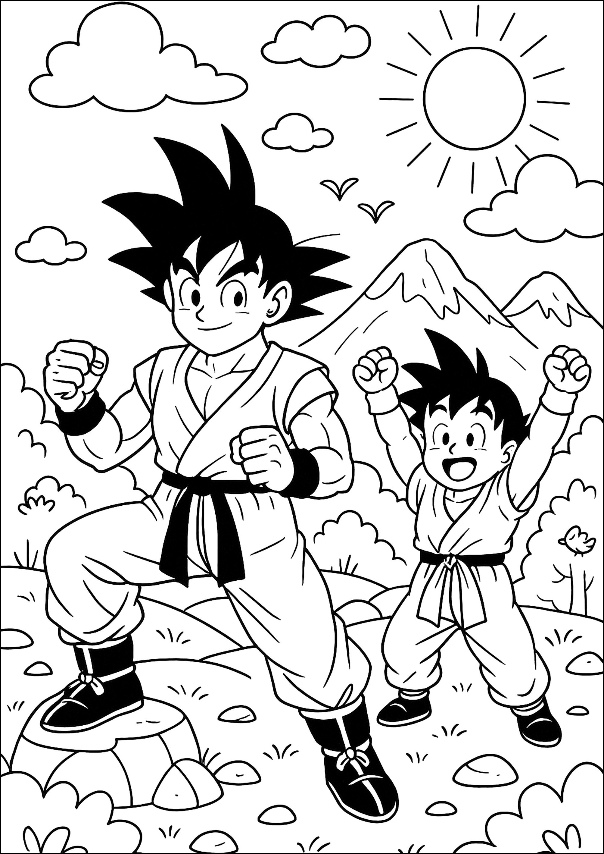 悟空と悟飯の自然の中でのトレーニング (子ども用印刷ぬりえ:ドラゴンボール)