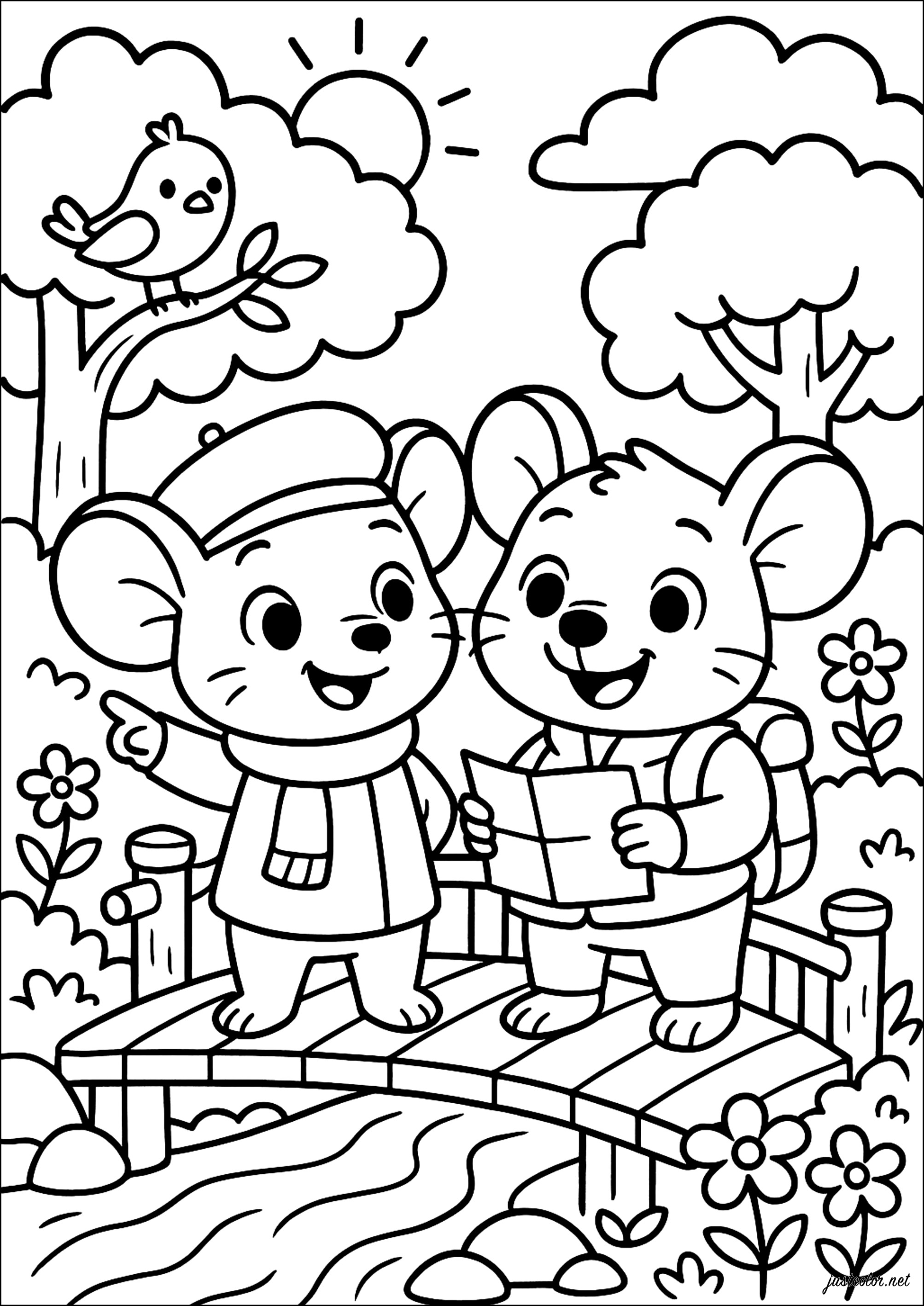 二匹のネズミが地図を持って橋の上にいる (子ども用印刷ぬりえ：ネズミ)