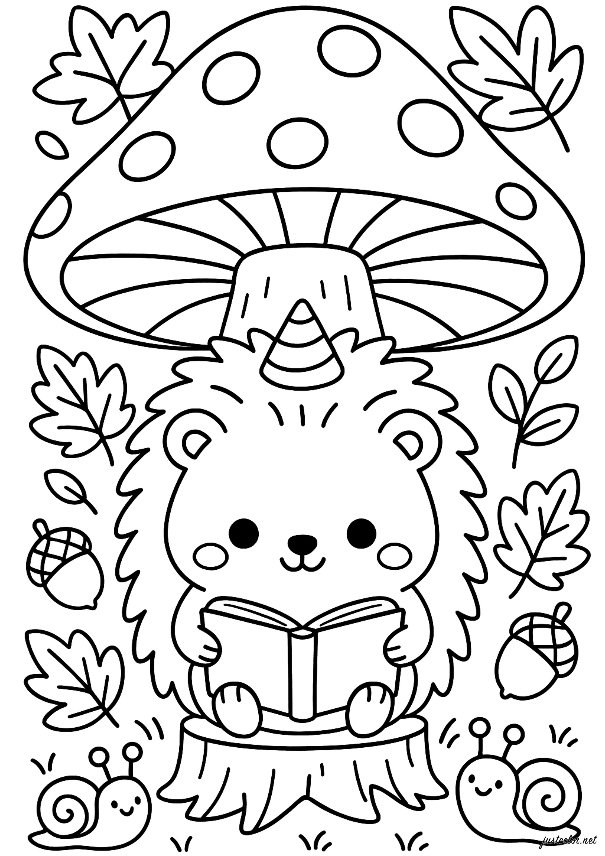 きのこの下の愛らしいハリネズミ (子ども用印刷ぬりえ:ハリネズミ)