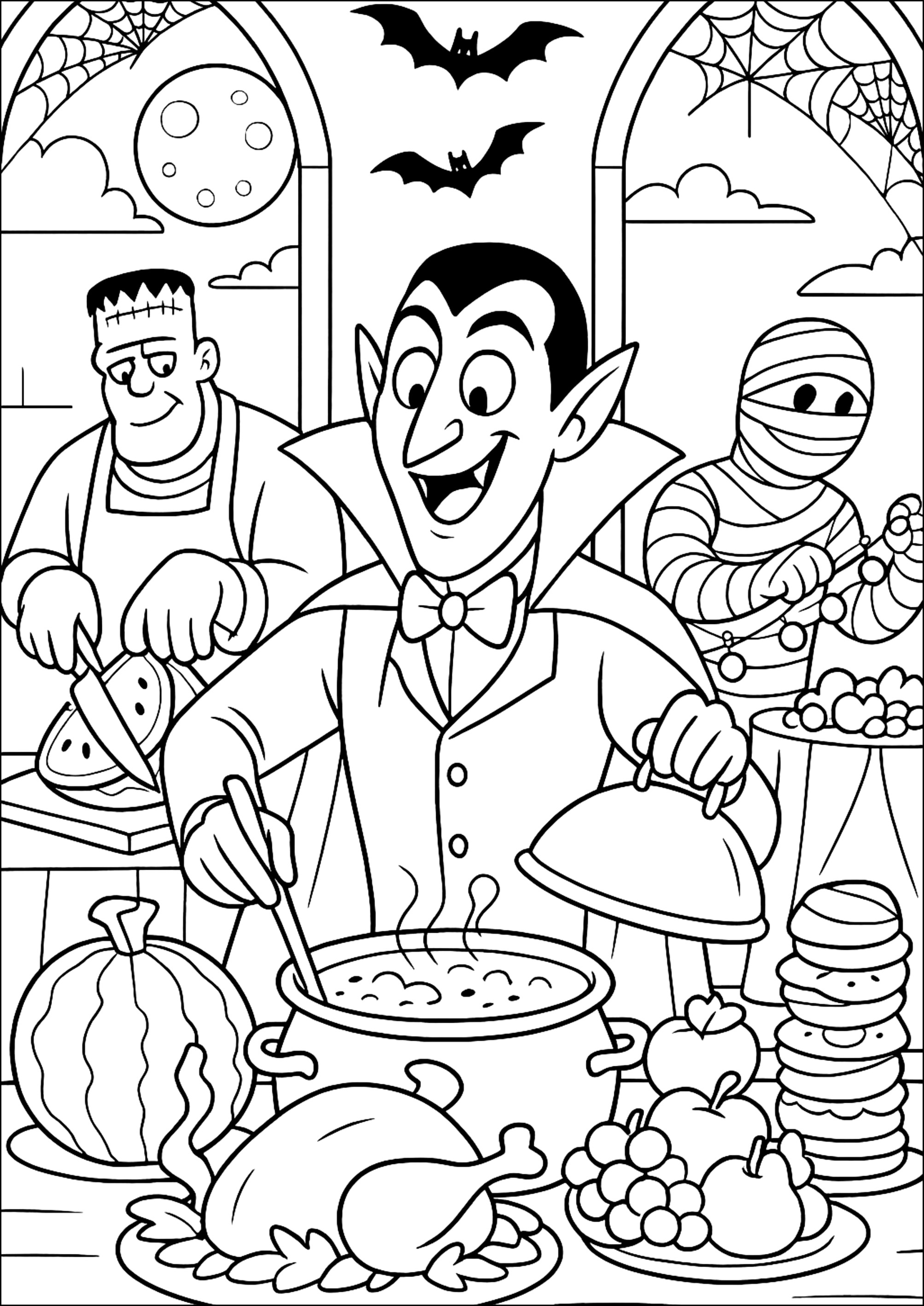 ドラキュラと彼の友達がパーティーの準備をしている (子ども用印刷ぬりえ：ハロウィン)
