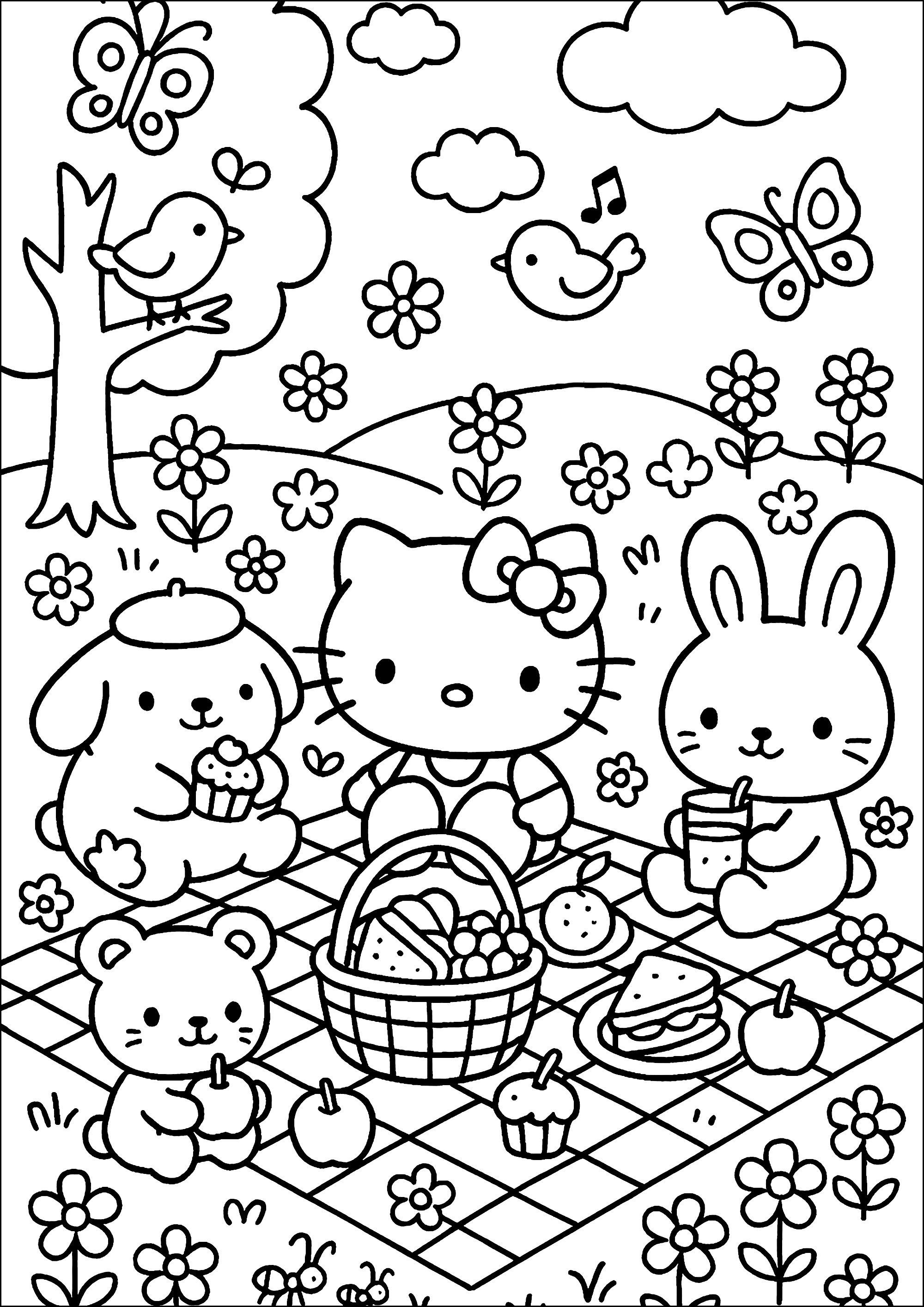 ハローキティと仲間たちのピクニック (子ども用印刷ぬりえ:ハローキティ)