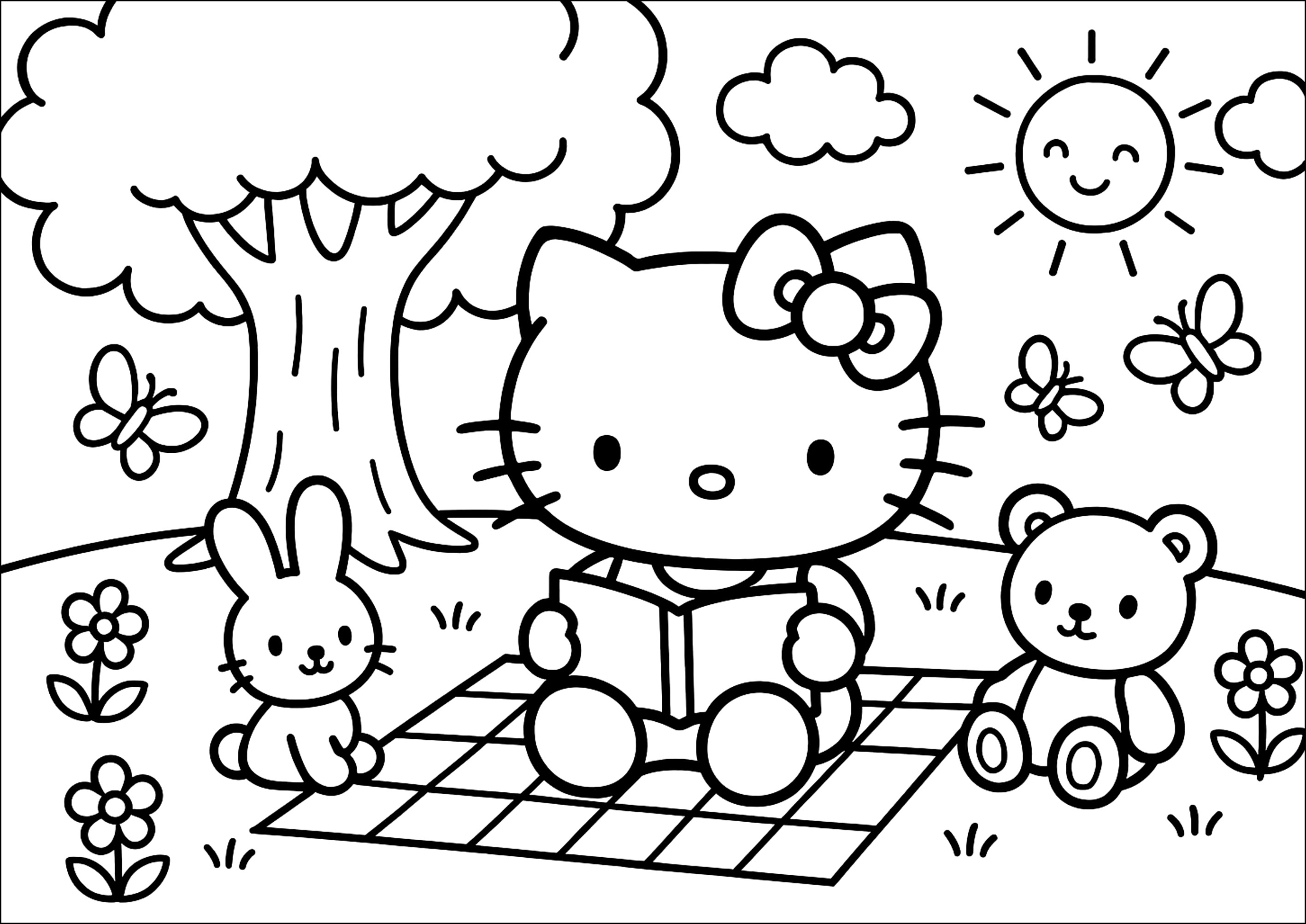ハローキティと木の下の彼女の友達 (子ども用印刷ぬりえ：ハローキティ)
