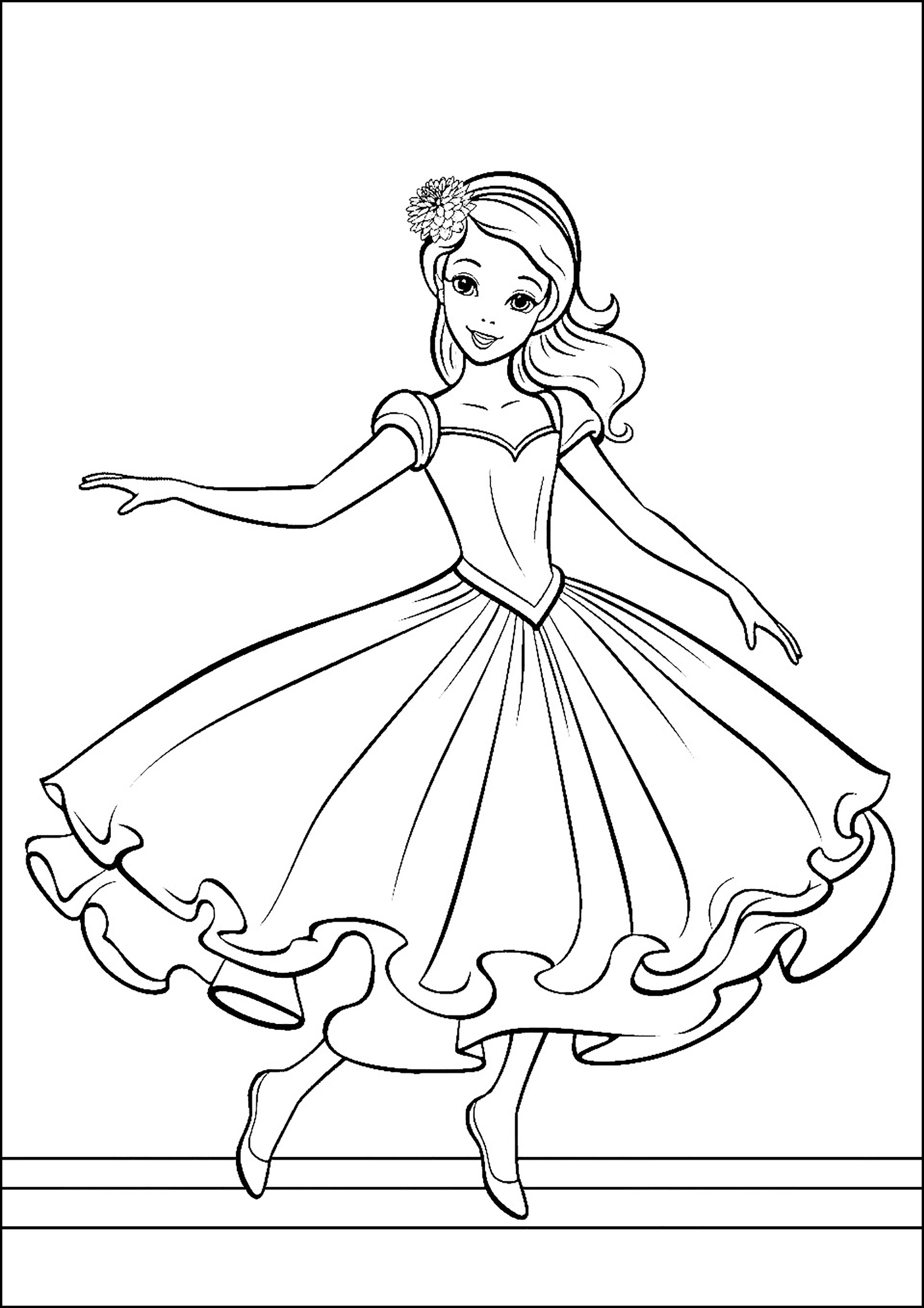 華やかなドレスをまとった素晴らしいバレリーナ (子ども用印刷ぬりえ:バレリーナ)