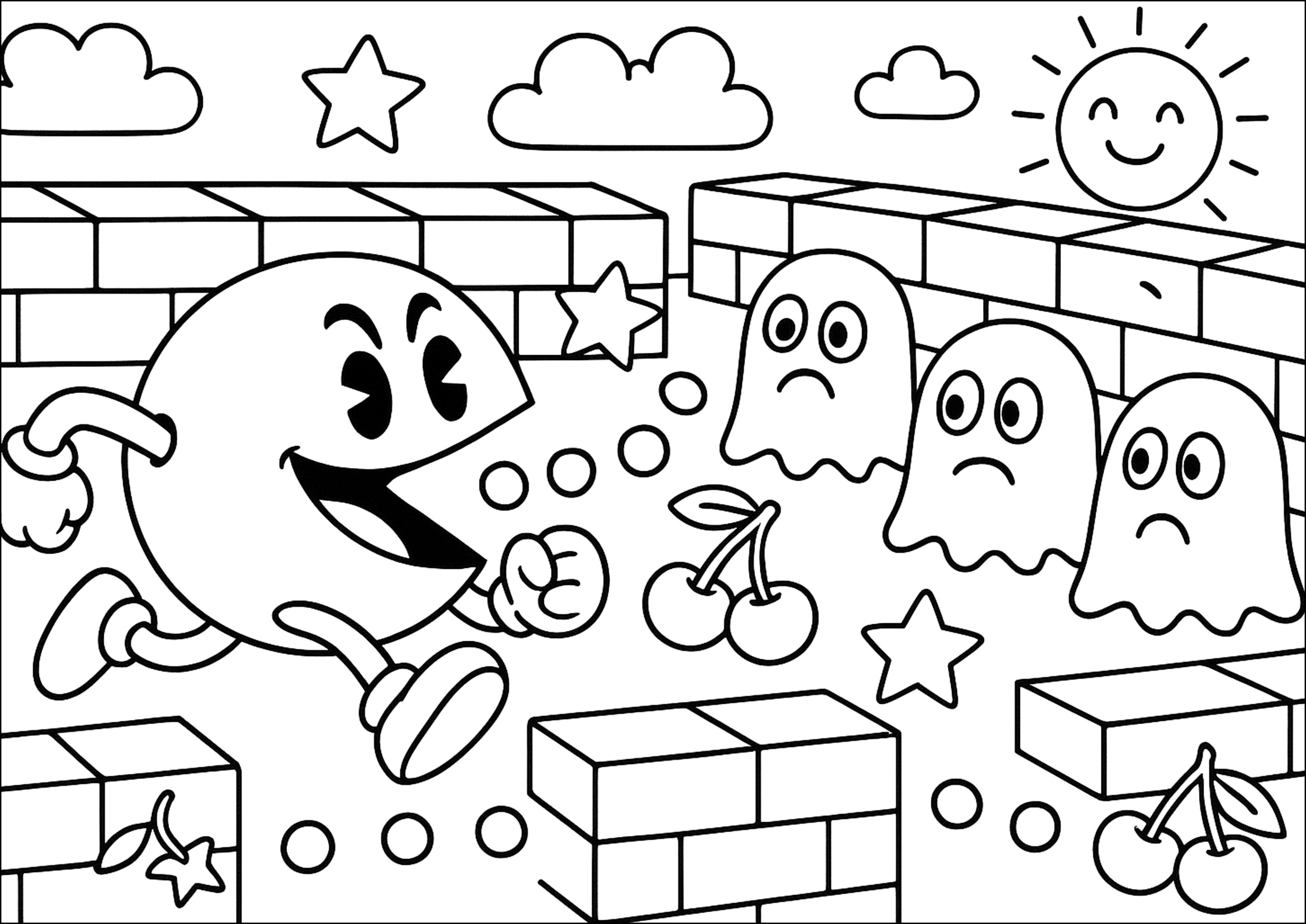 迷宮での冒険 (子ども用印刷ぬりえ:パックマン)