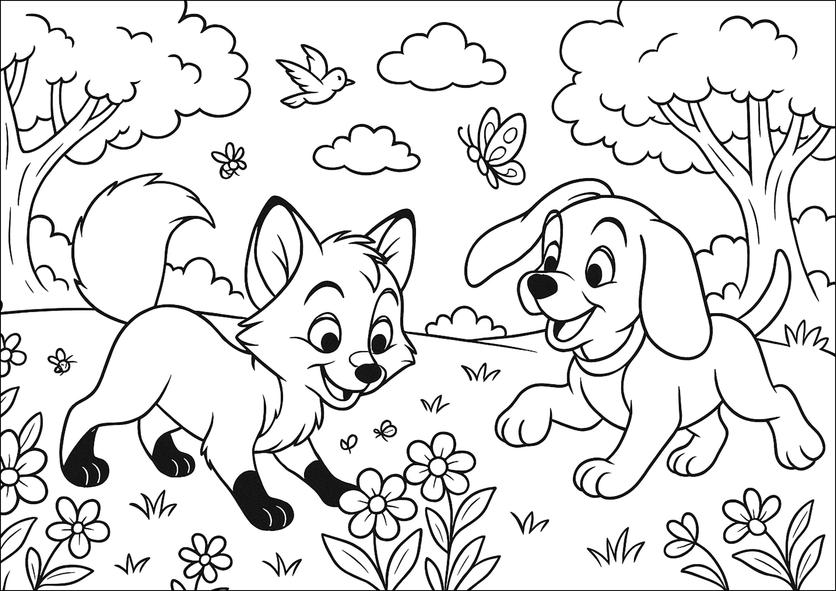 犬と狐の友情 (子ども用印刷ぬりえ:フォックス・アンド・ザ・ハウンド)