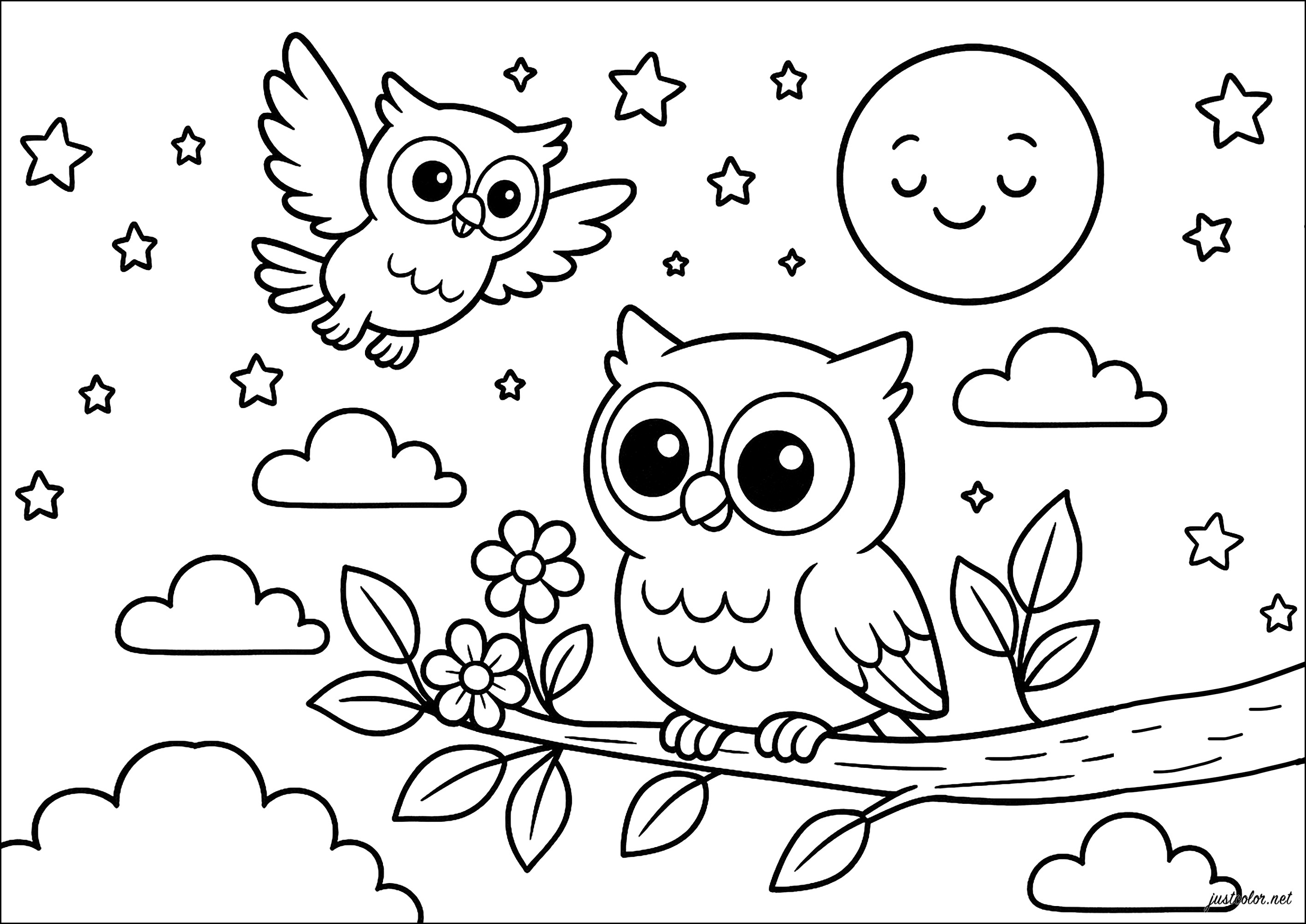 星の下のフクロウ (子ども用印刷ぬりえ：フクロウ)