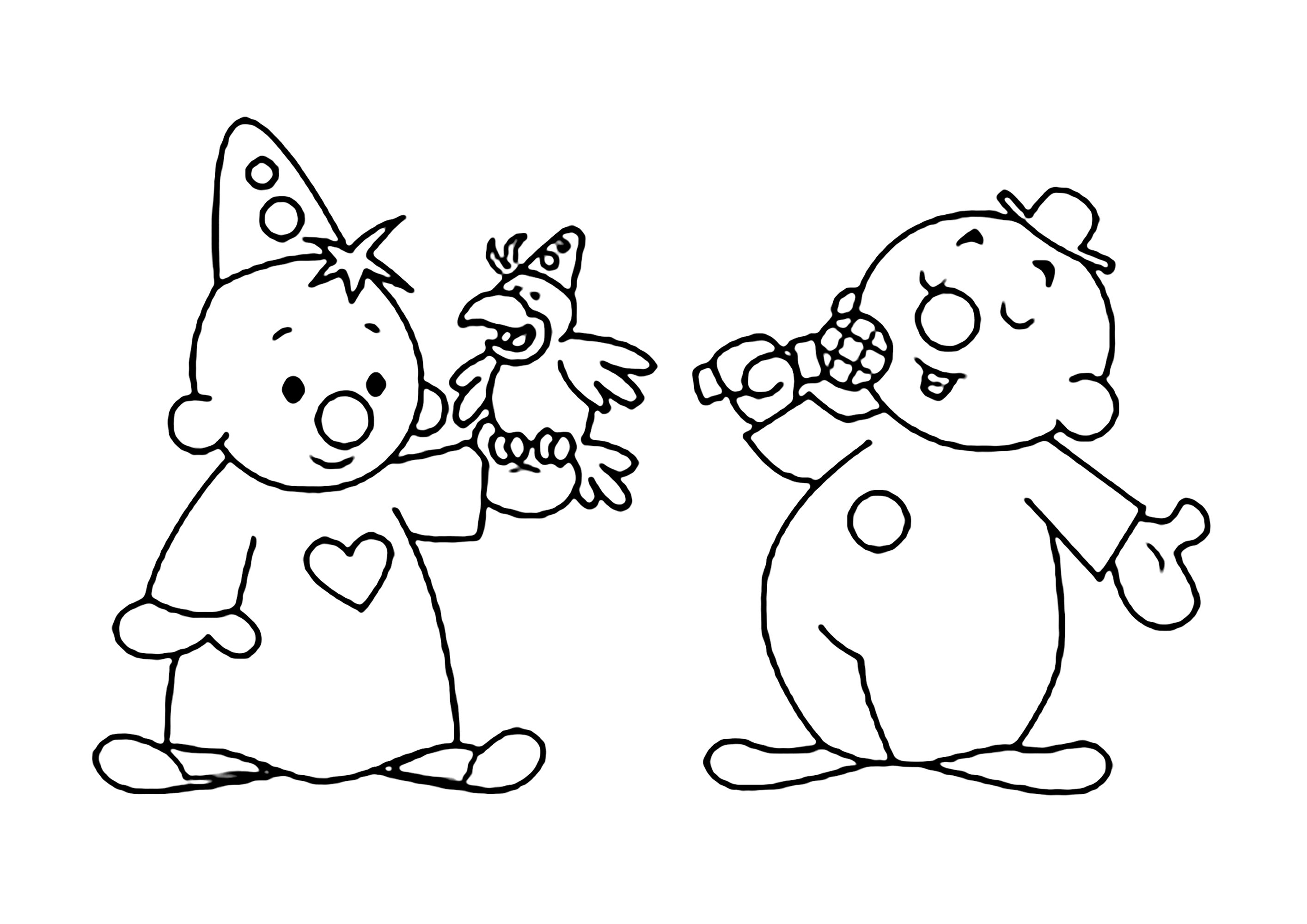 ブンバと悪戯好きな鳥とその歌手の友達 (子ども用印刷ぬりえ:ブンバ)