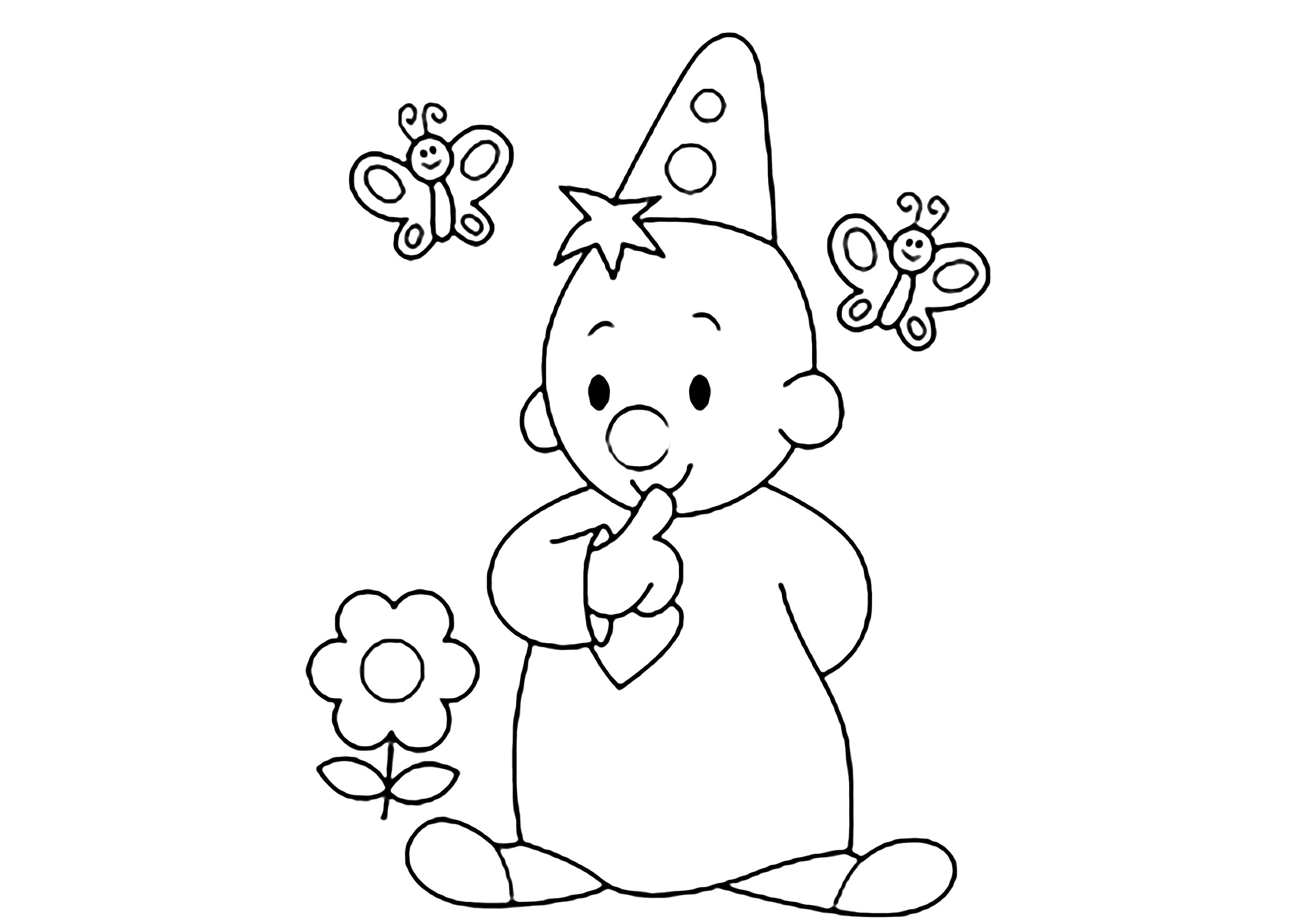 ブンバはきれいな花で、蝶々に囲まれています (子ども用印刷ぬりえ:ブンバ)