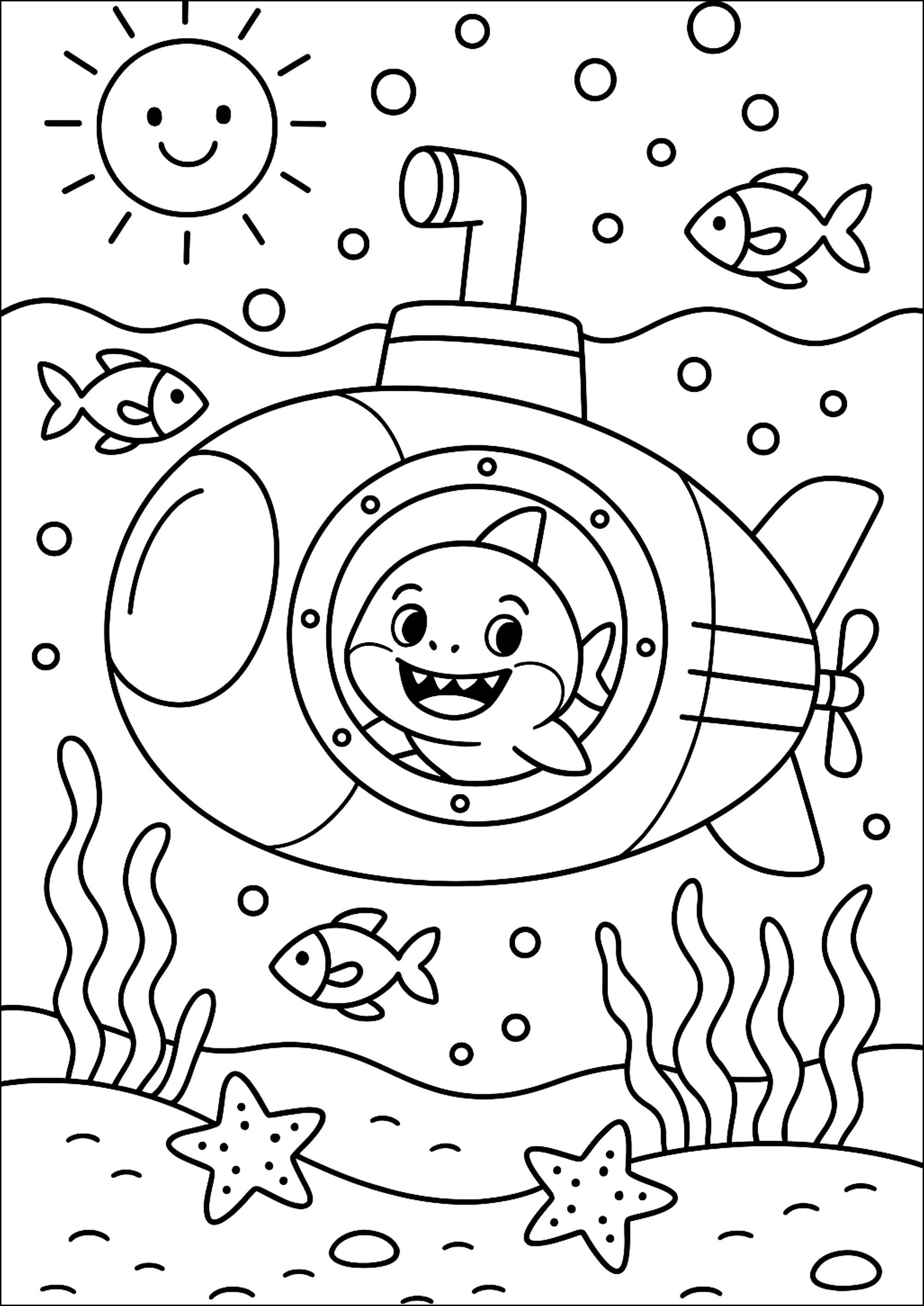 潜水艦での冒険 (子ども用印刷ぬりえ:ベイビーシャーク)
