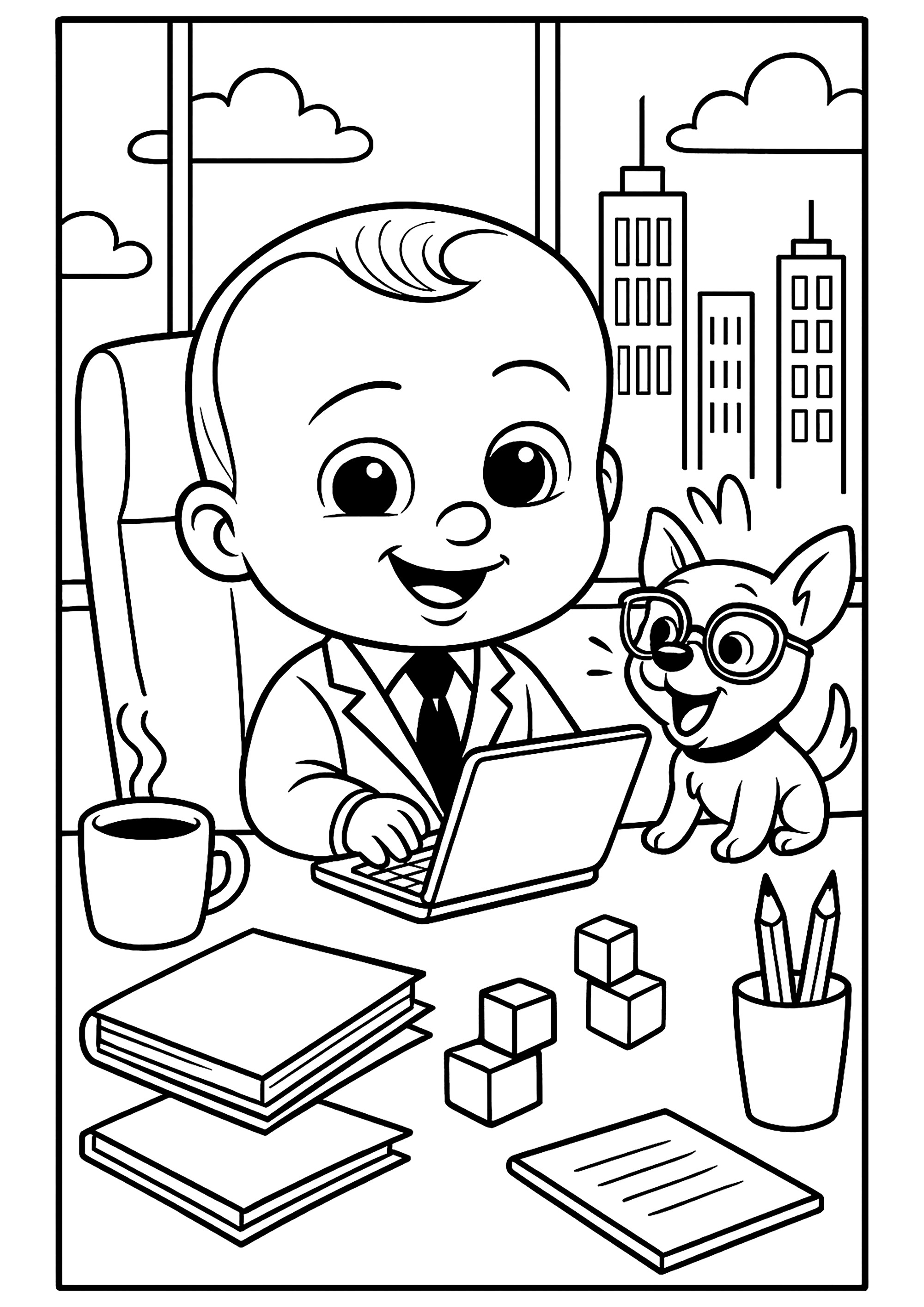 赤ちゃんがコンピュータの前にいる (子ども用印刷ぬりえ:ベイビー・ボス)