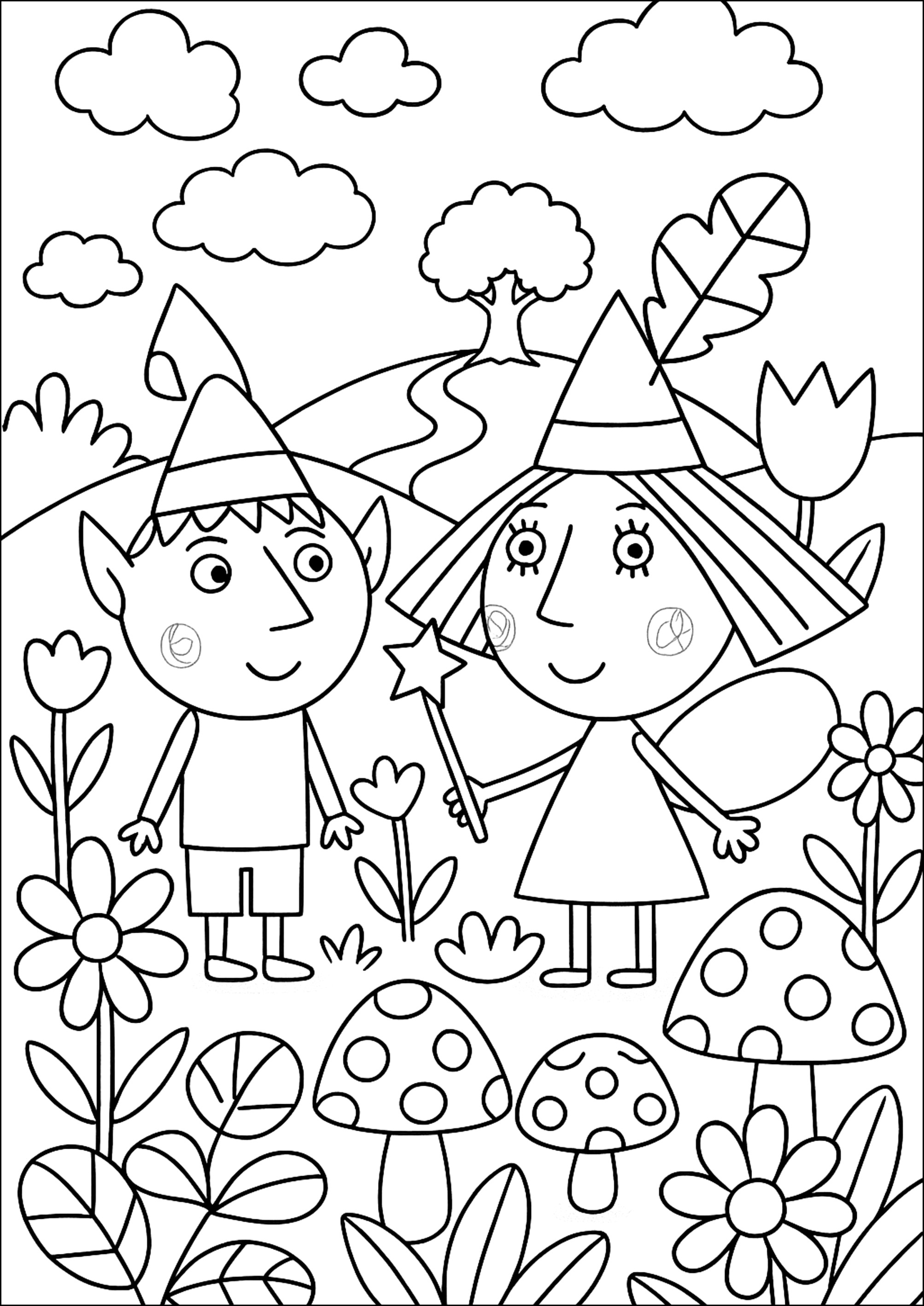 魔法の国での魅惑的な出会い (子ども用印刷ぬりえ:ベンとホリーの小さな王国)