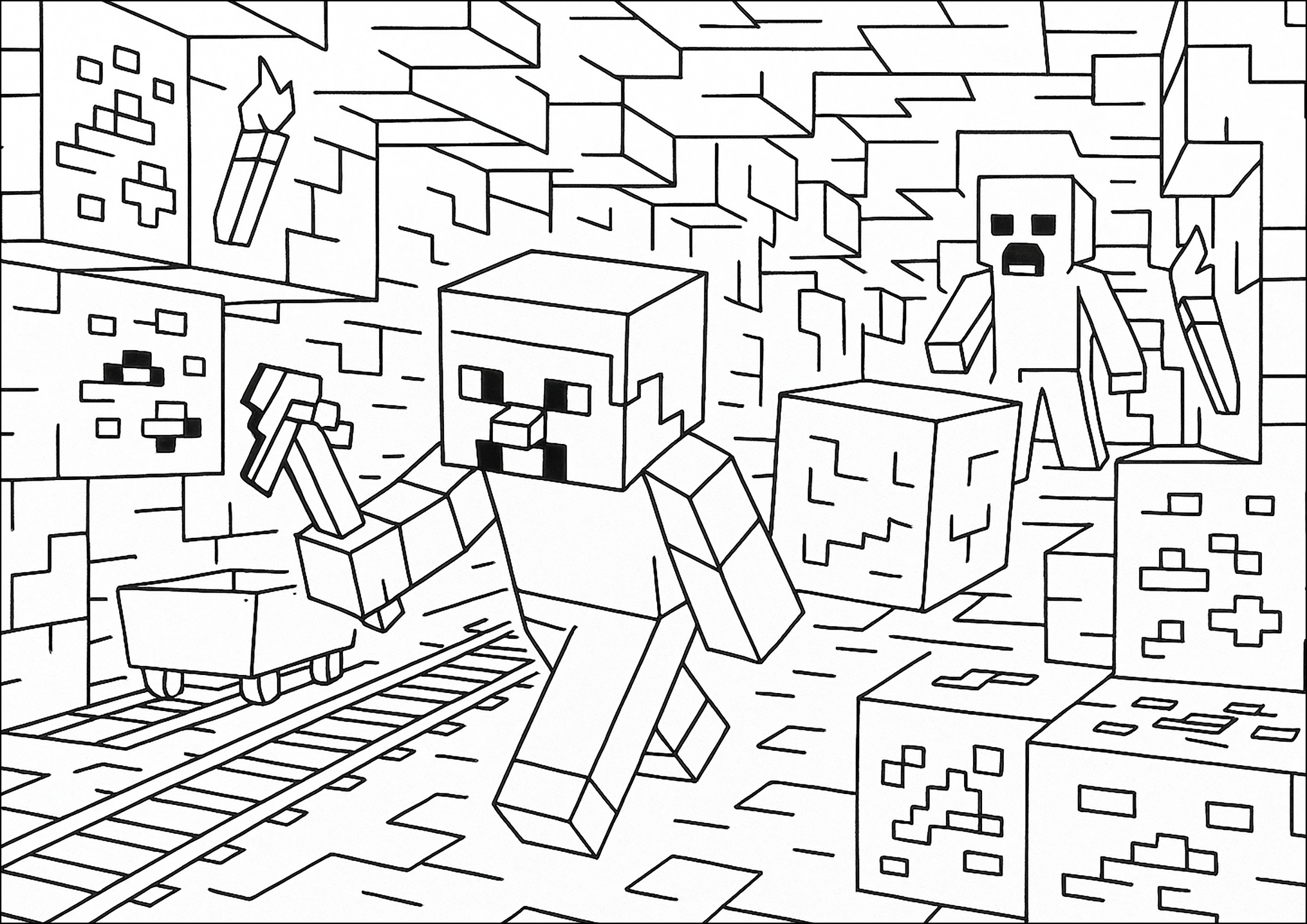 採掘場の地下シーン (子ども用印刷ぬりえ:マインクラフト)