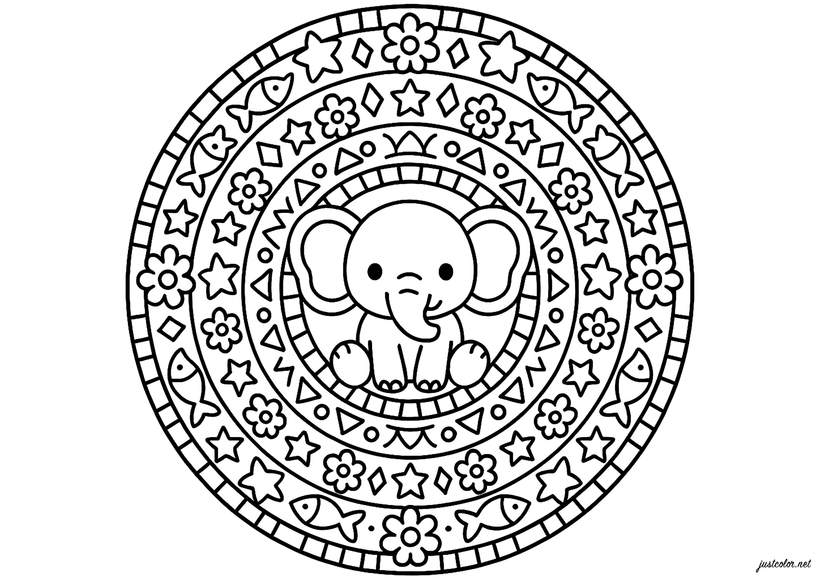 魔法のゾウとその仲間たち (子ども用印刷ぬりえ：マンダラ)