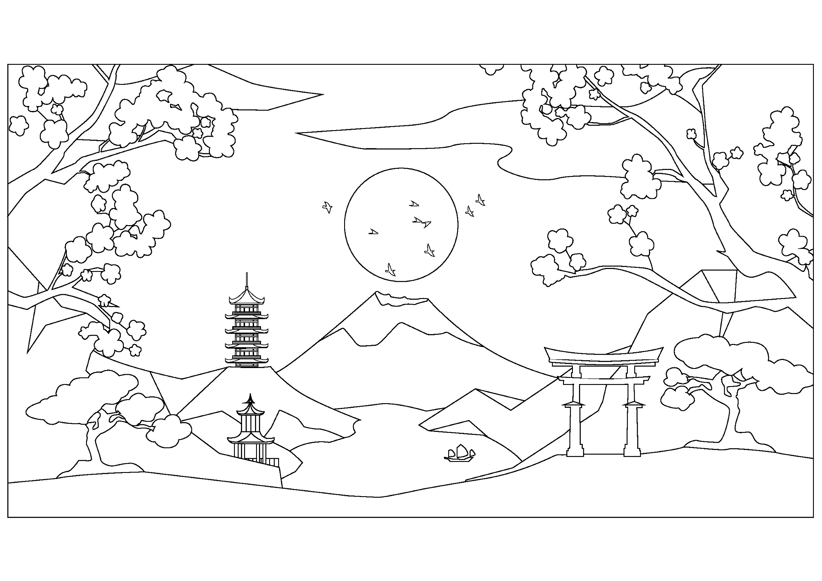 日本の寺院 - 子ども向けぬりえページ：モニュメント