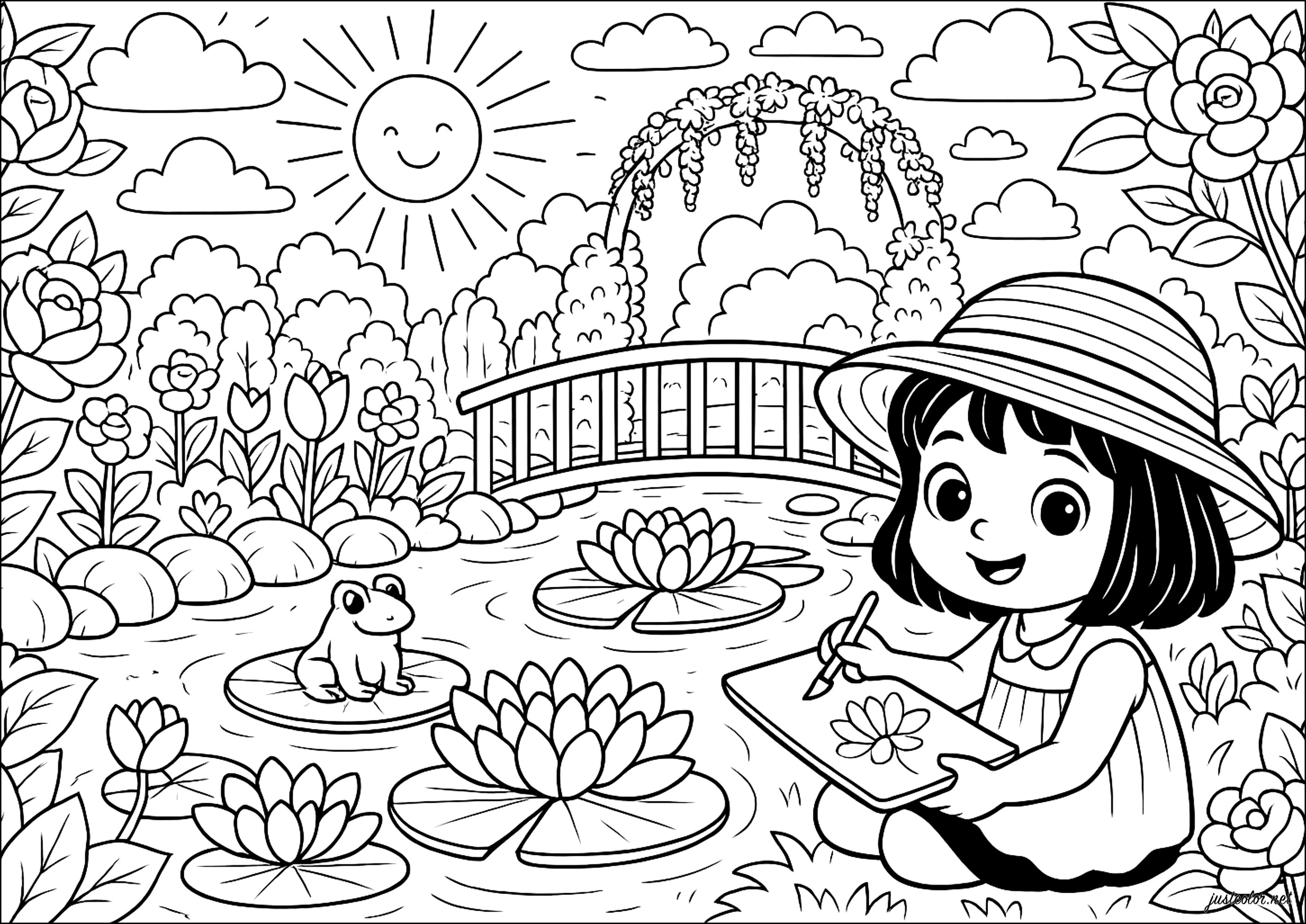 庭園での素晴らしい一日 (子ども用印刷ぬりえ:モネ)