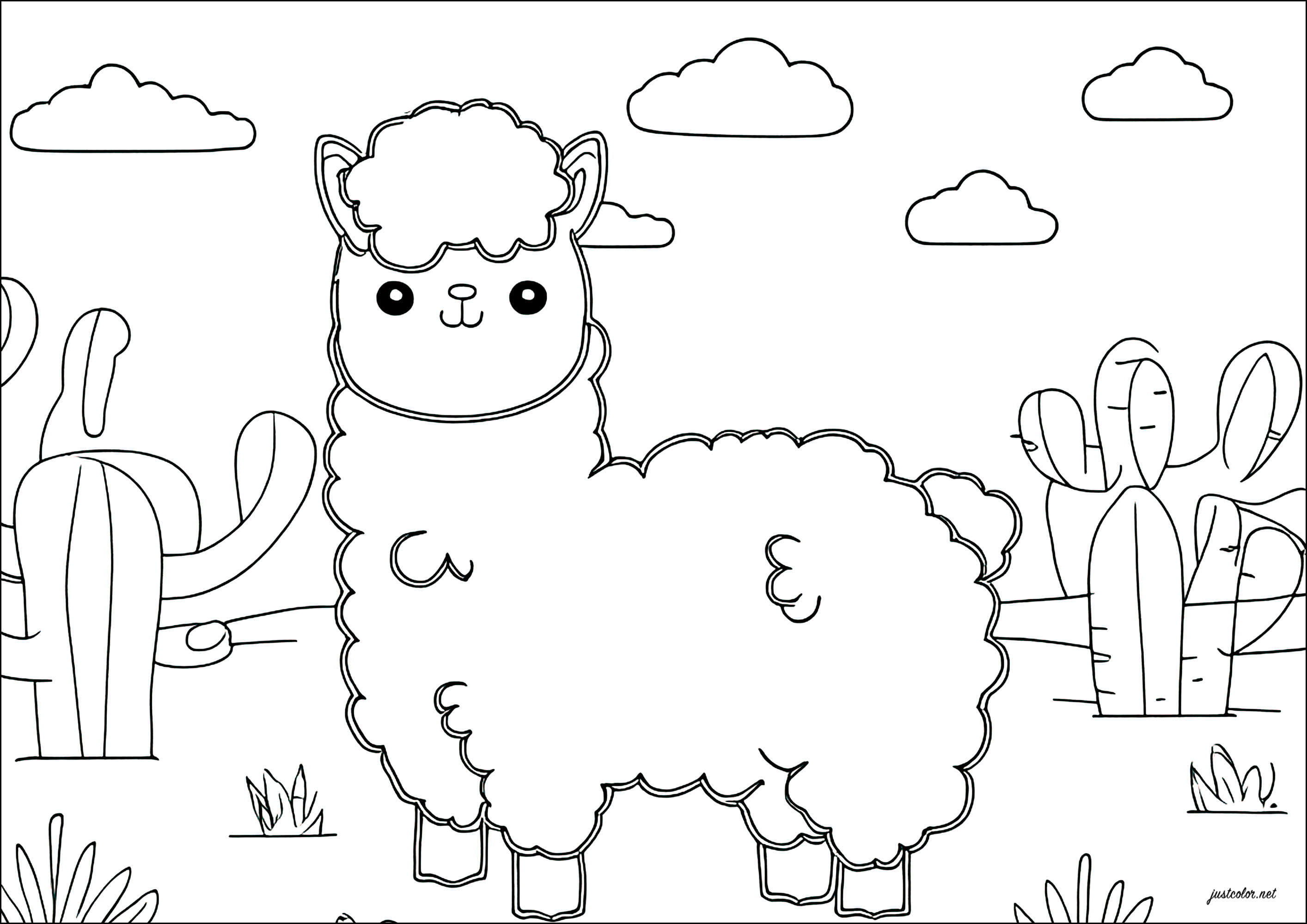 塗り絵のラマ (子ども用印刷ぬりえ:ラマ)