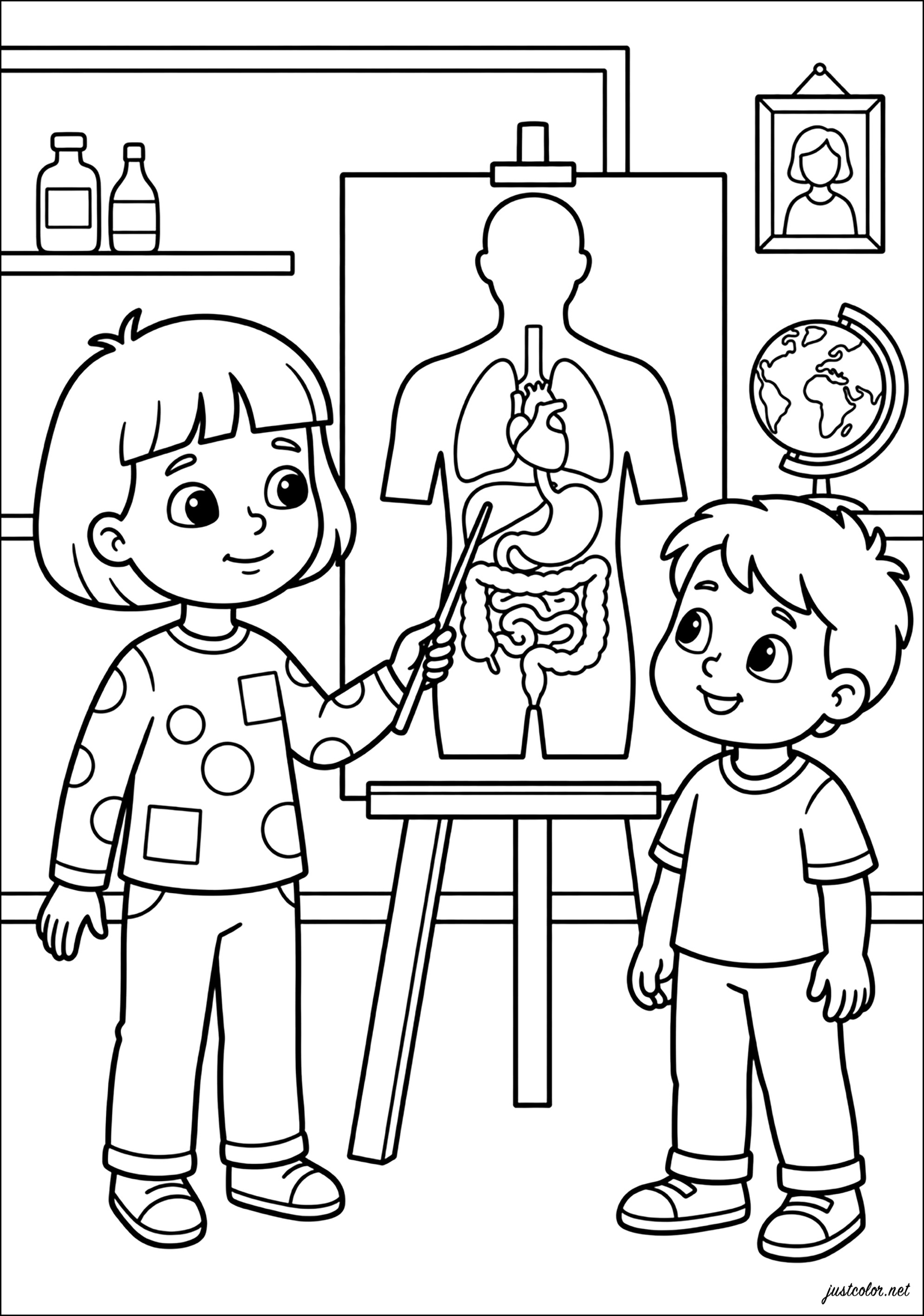 解剖学的な図表の前の子供たち (子ども用印刷ぬりえ：人体)