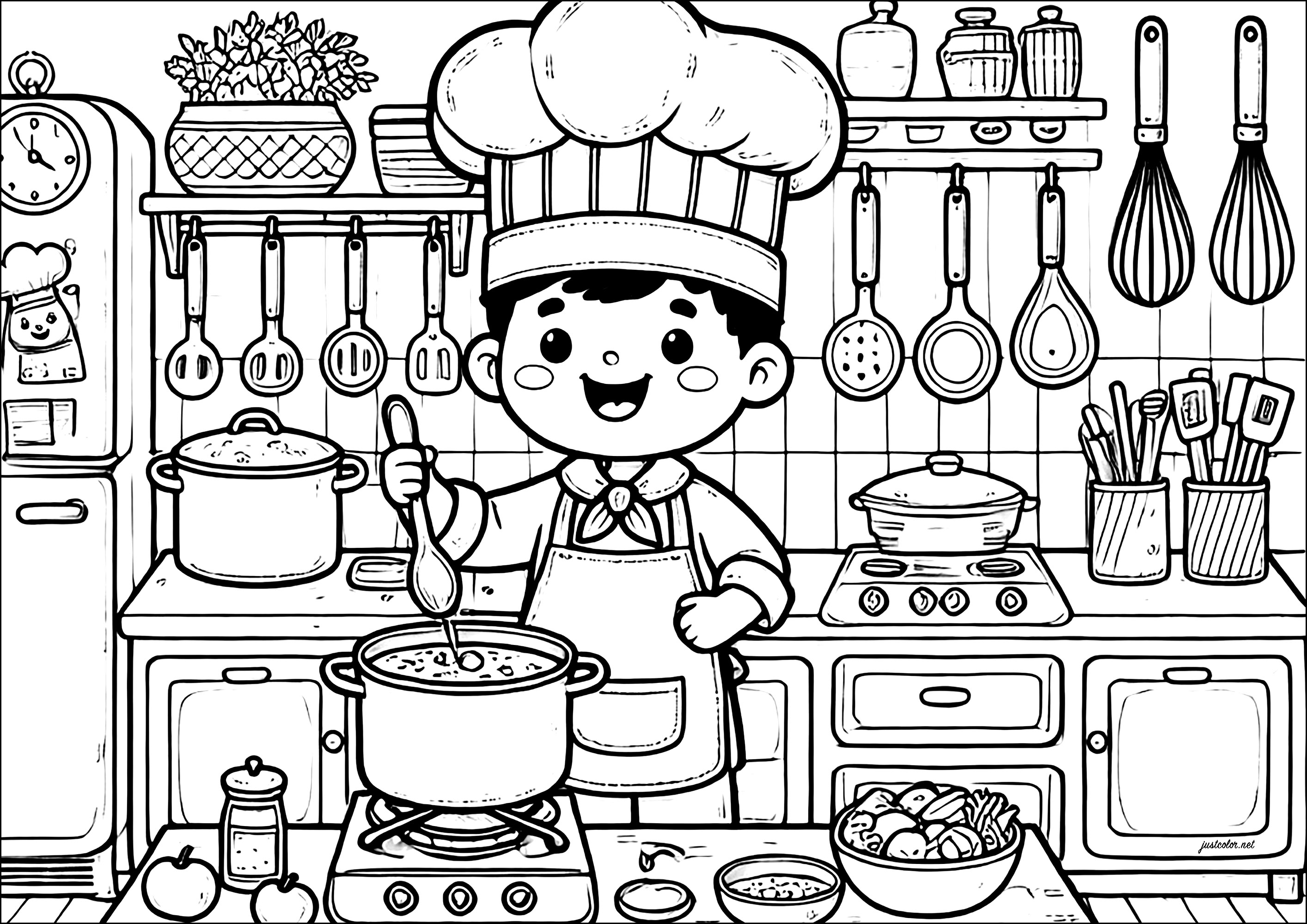 料理人とその鍋 (子ども用印刷ぬりえ：仕事)