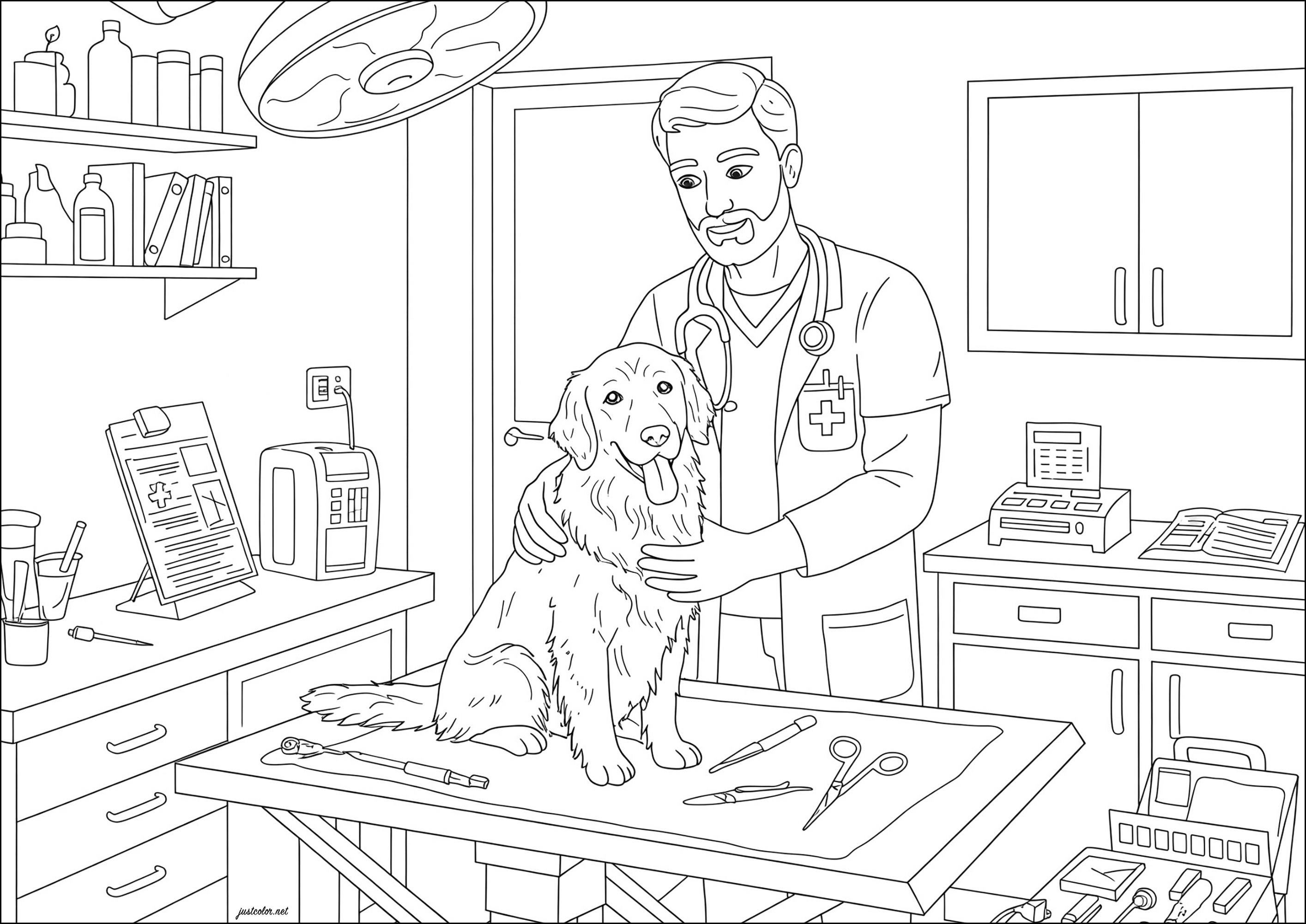 素晴らしい獣医と犬の絵 (子ども用印刷ぬりえ：仕事)
