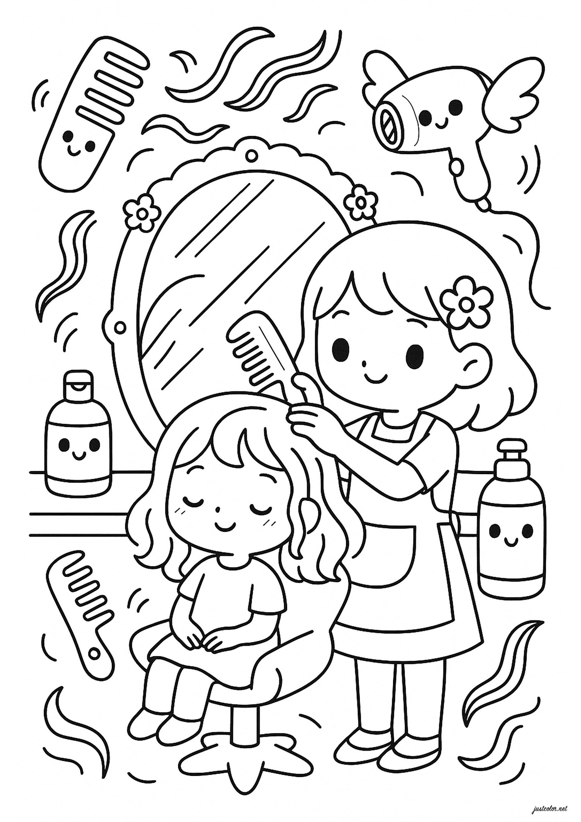 美容師が少女の髪を切っているところ (子ども用印刷ぬりえ：仕事)