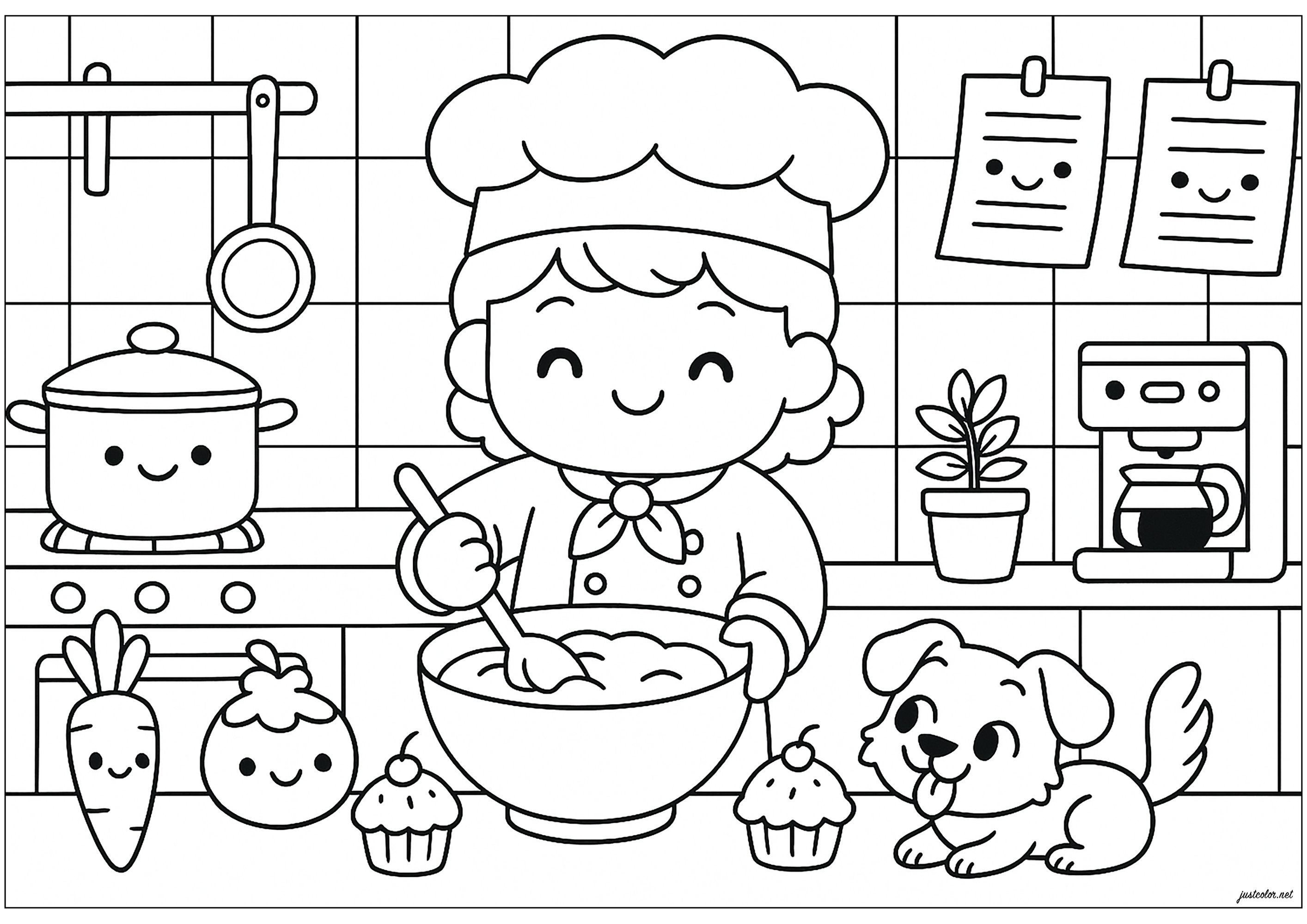 パティシエがケーキを作っている (子ども用印刷ぬりえ:仕事)