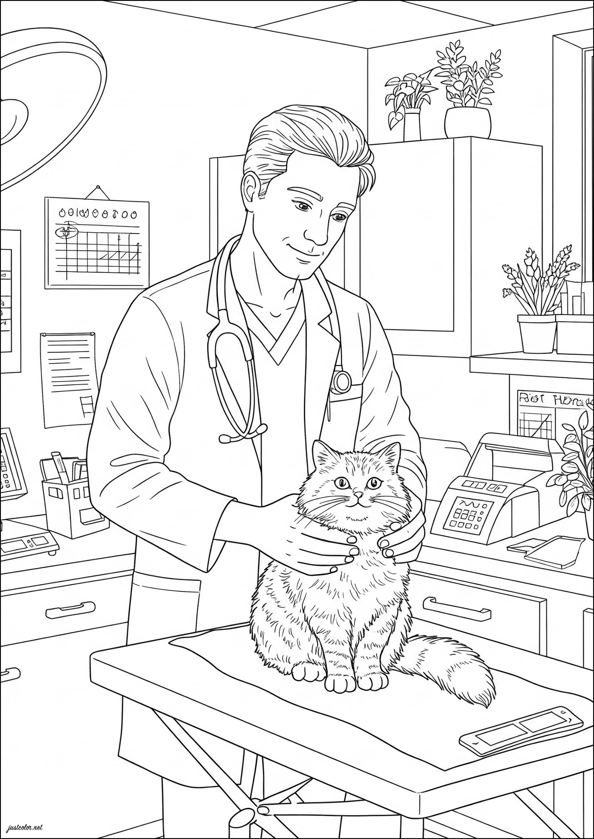 かわいい獣医と猫のイラスト (子ども用印刷ぬりえ:仕事)