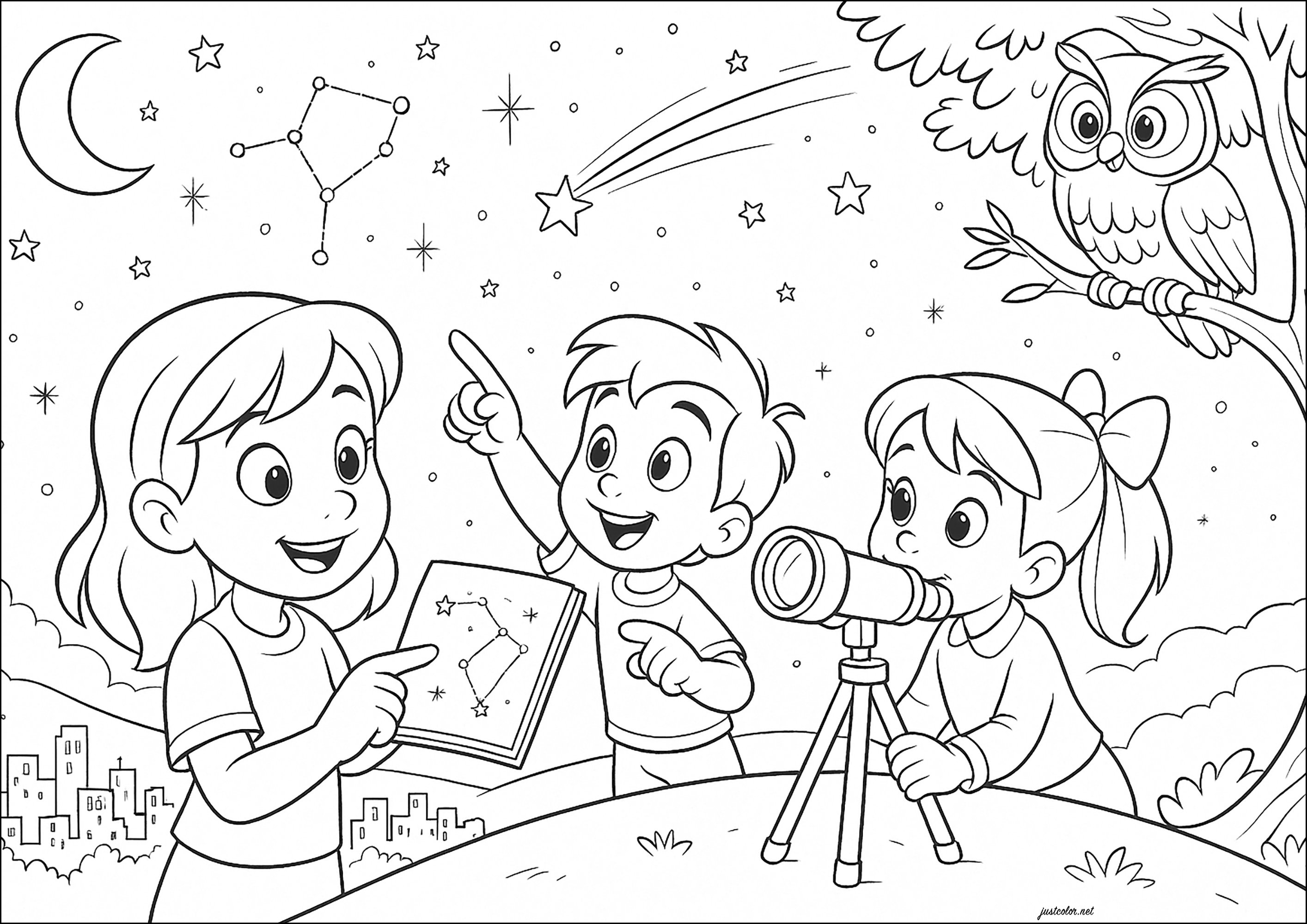 天体を望遠鏡で観測する (子ども用印刷ぬりえ：夏)
