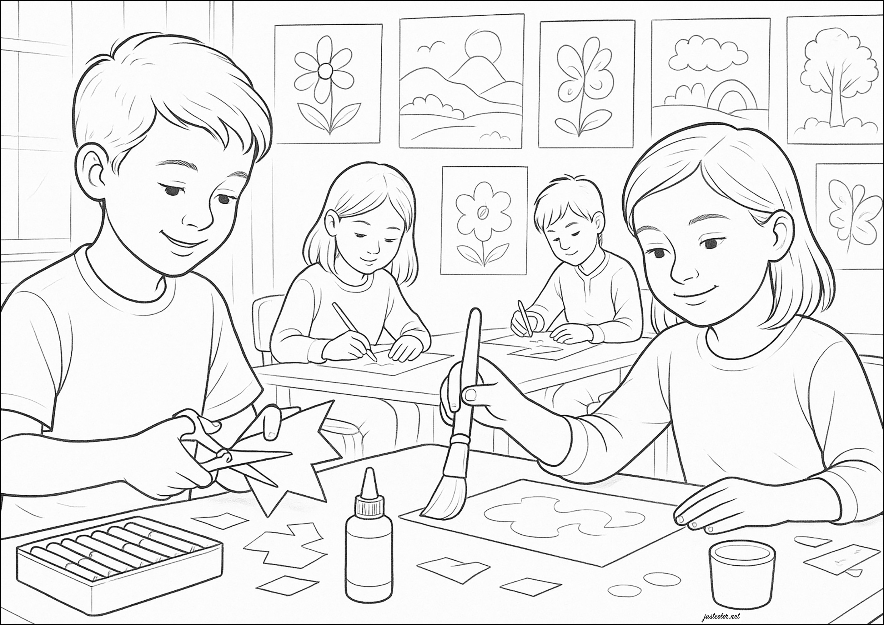 手作業の貼り付けと切り抜き (子ども用印刷ぬりえ:学校に戻る)