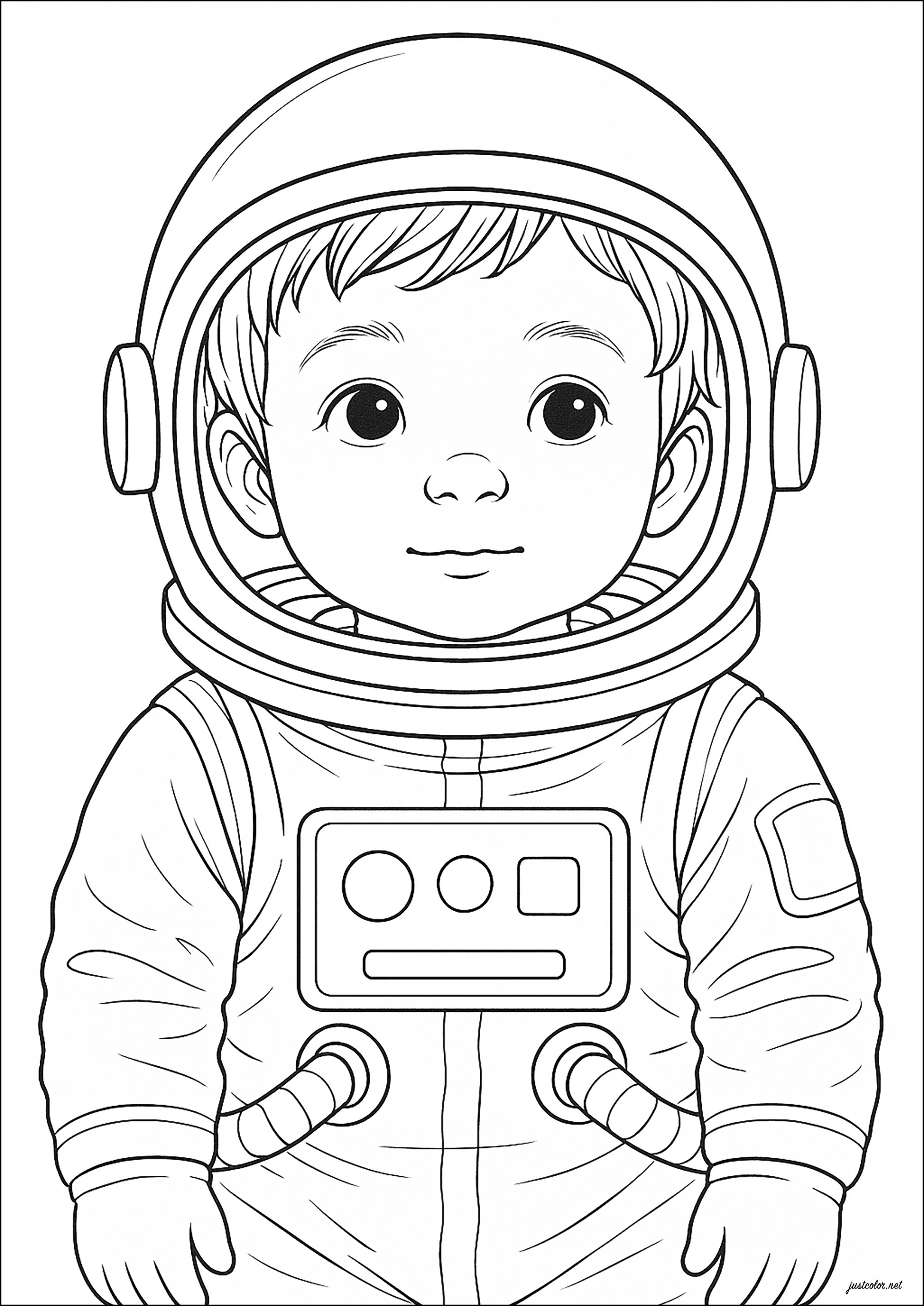 小さな宇宙飛行士に扮した少年 (子ども用印刷ぬりえ:宇宙の惑星と銀河)