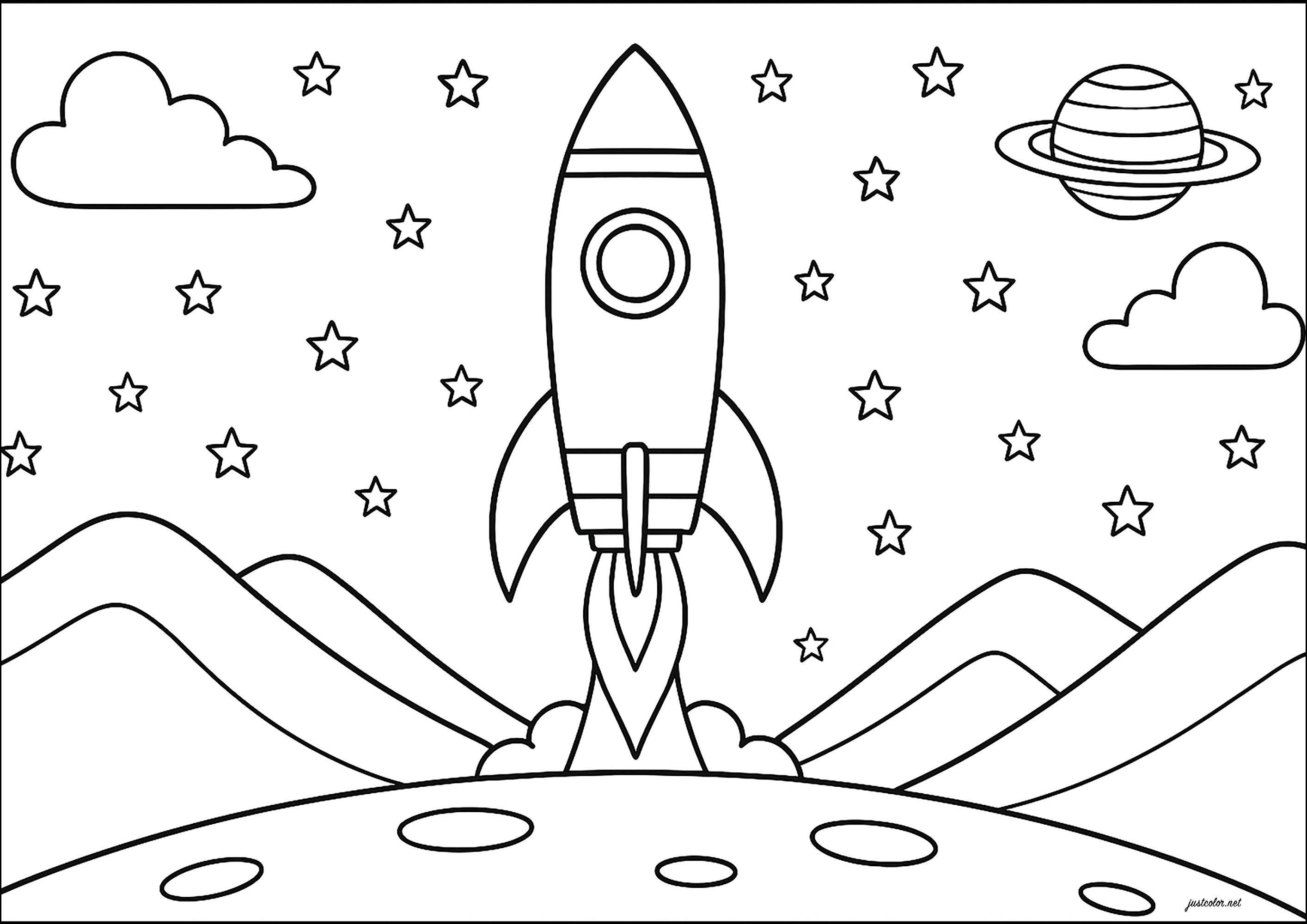 打ち上げ中のロケット (子ども用印刷ぬりえ:宇宙の惑星と銀河)