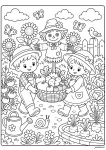 子ども用印刷ぬりえページ：庭／菜園